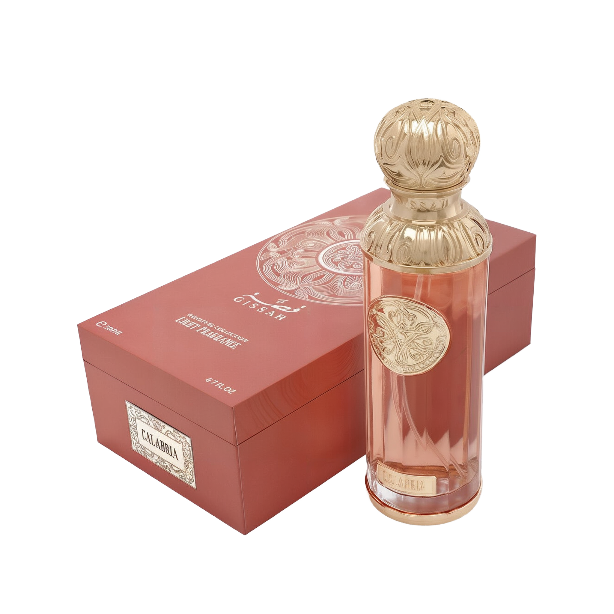 The image shows a perfume bottle named "Calabria" from the Gissah Signature Collection. The bottle is tall and cylindrical with a clear glass body that has a slight rose tint, and it is adorned with a gold ornate medallion that features intricate designs. The cap is a luxurious gold color with a decorative embossed pattern. Beside the bottle is the packaging, a box in a matching rose tint with a gold mandala design and the names "Gissah" and "Calabria" printed on it.