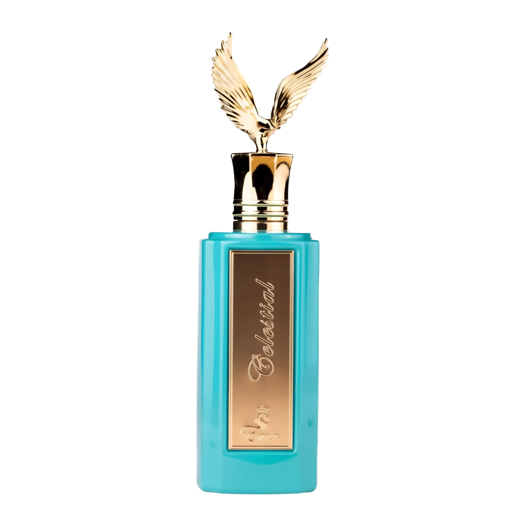 A striking perfume bottle labeled "Celestial" by Emir, a Paris Corner product. The bottle is a vibrant turquoise color with a sleek rectangular shape. A gold plaque is prominently displayed on the front, with the fragrance name "Celestial" written in eleg