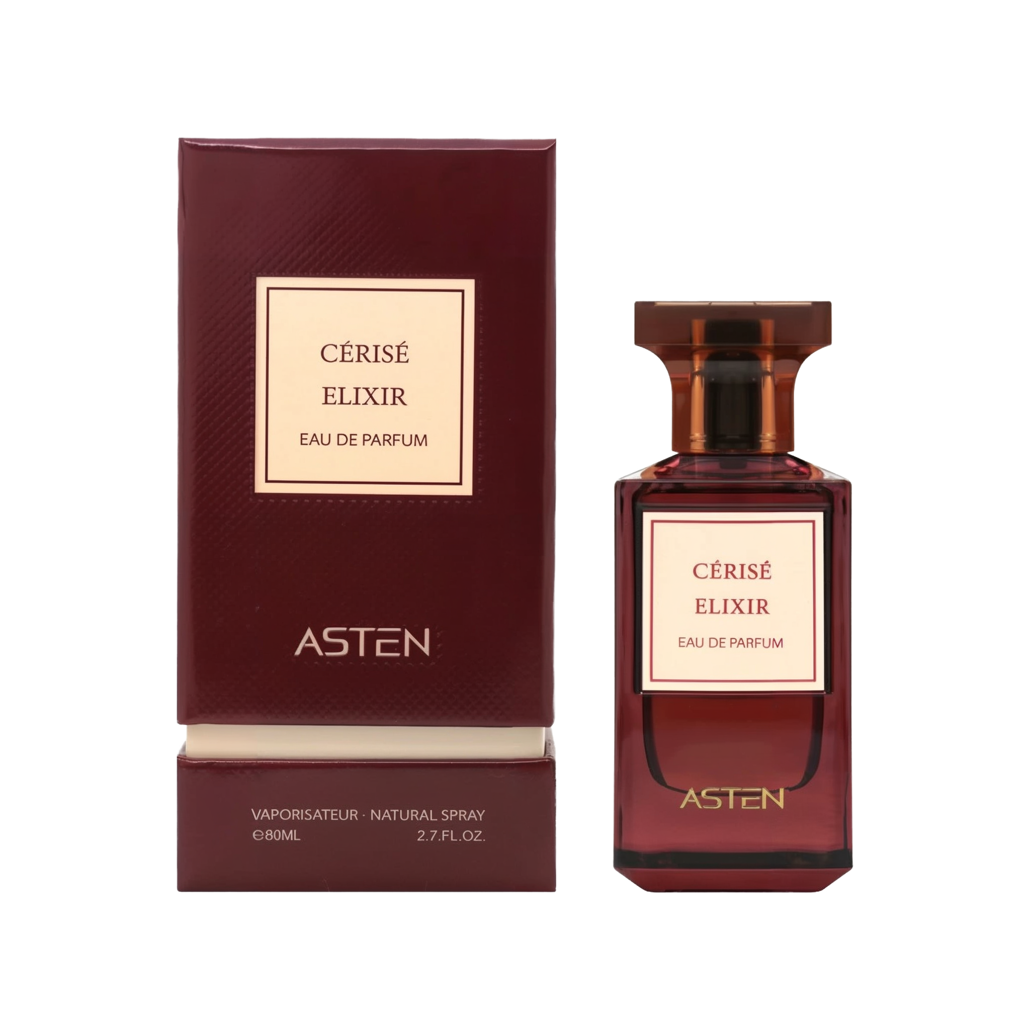 A rectangular, deep burgundy perfume bottle with a matching cap and gold text reading “Cérisé Elixir Eau de Parfum” by ASTEN, shown next to its burgundy box featuring a cream-colored label.