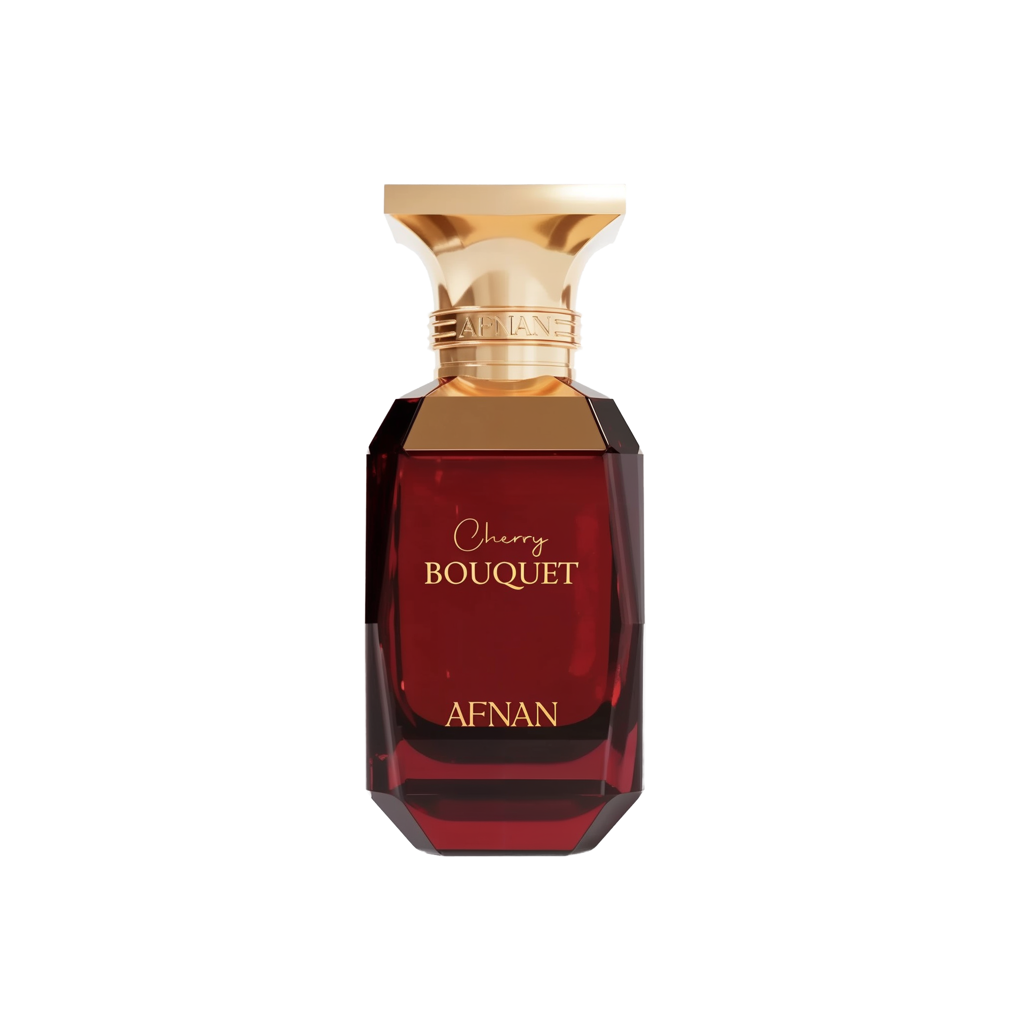 The image shows a perfume bottle named "Cherry Bouquet" by Afnan. The bottle is designed with a dark red, gem-like, faceted body and a gold-toned cap. The text "Cherry Bouquet" is written in elegant script, and the brand name "Afnan" is displayed in capital letters near the bottom of the bottle.