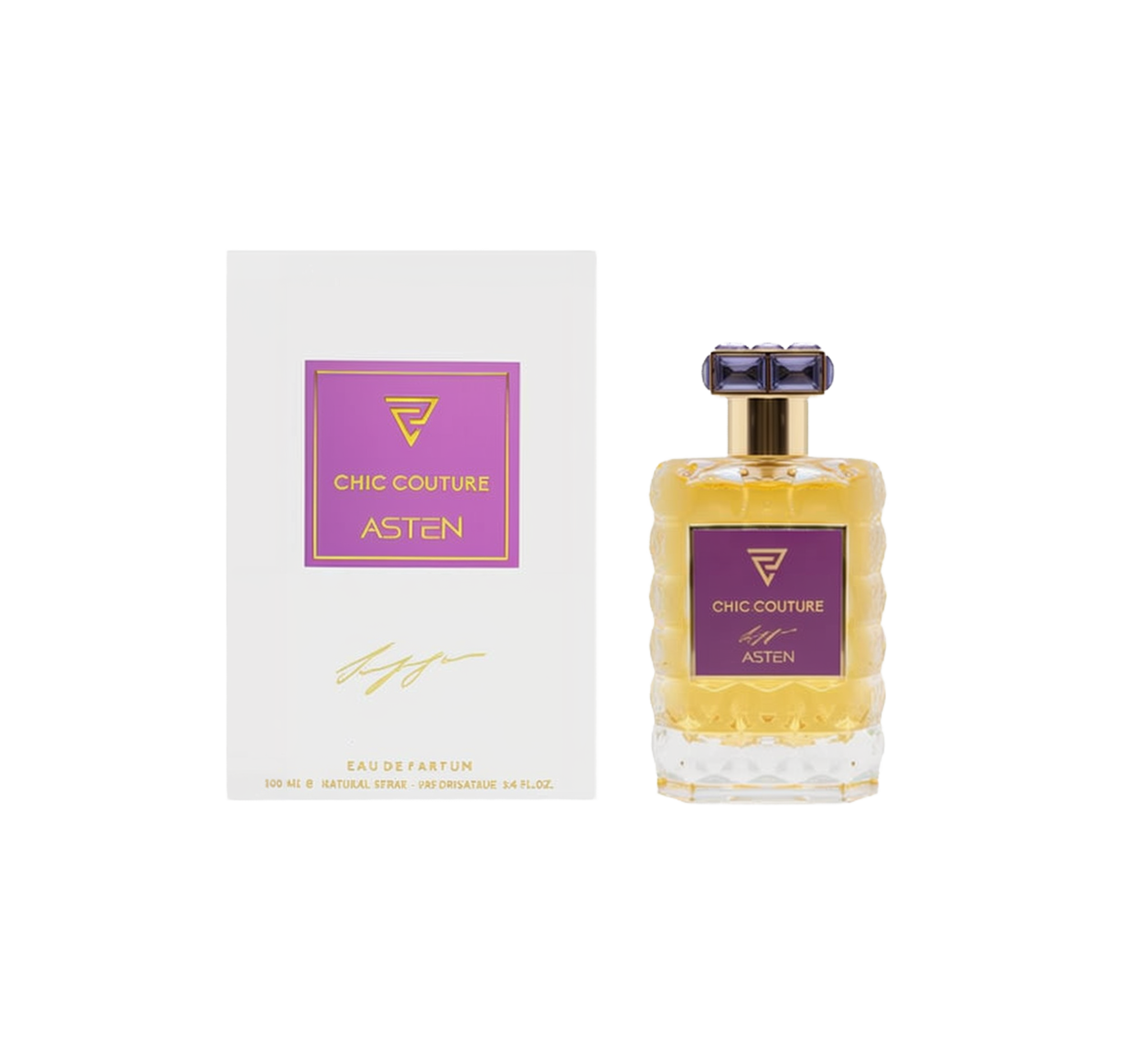 A clear, textured glass perfume bottle filled with a golden-hued fragrance, featuring a square purple label and a faceted purple-and-gold cap, shown alongside a white box displaying a matching purple-and-gold “Chic Couture ASTEN” design.