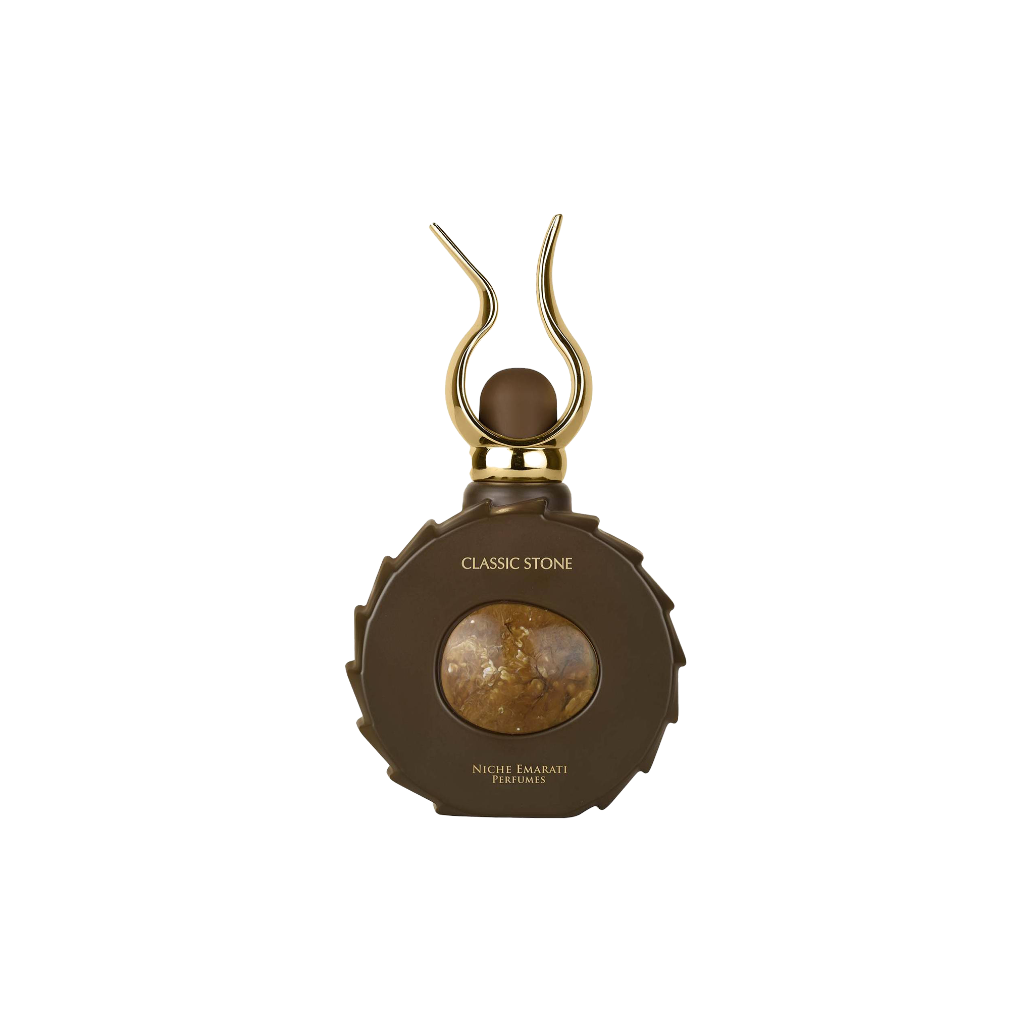 Classic Stone by Niche Emarati Perfumes in a unique round brown bottle with a golden marble center and sculpted gold cap.
