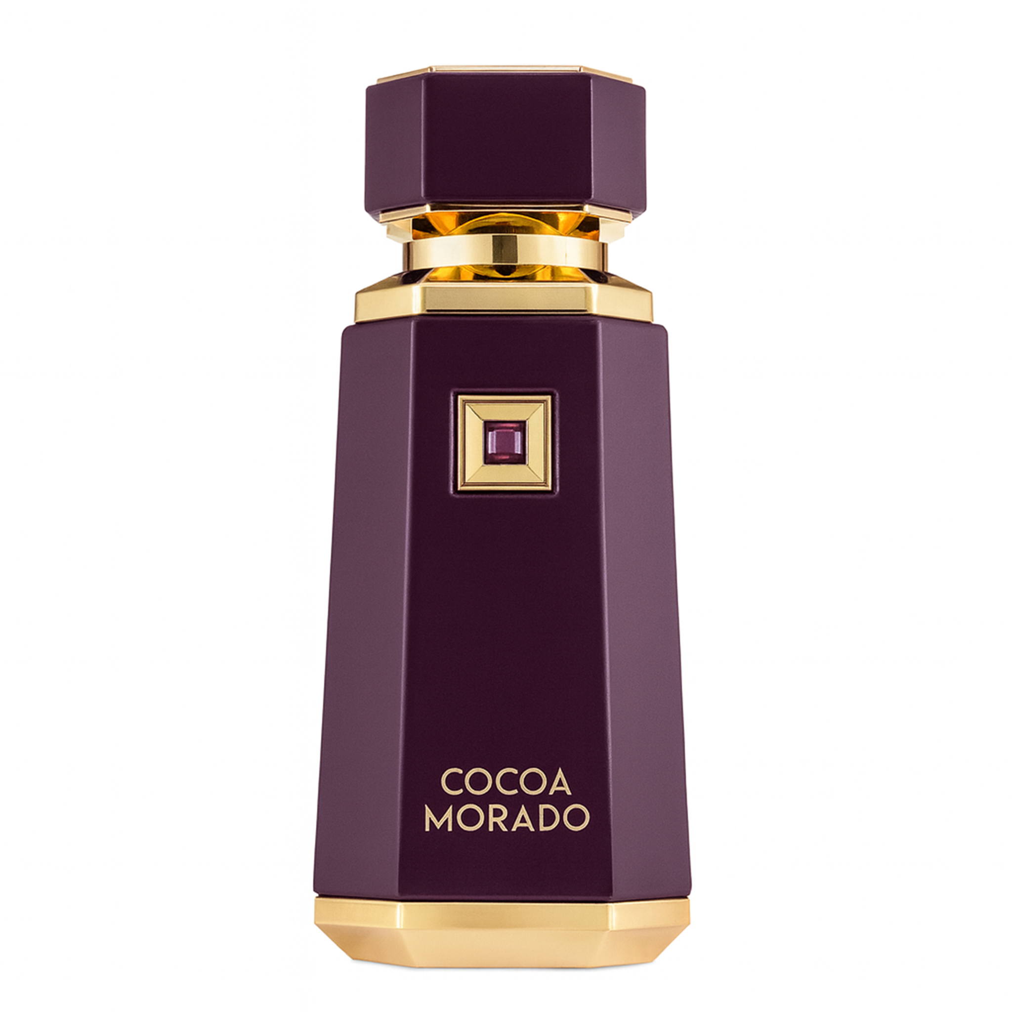 Elegant perfume bottle labeled 'Cocoa Morado,' featuring a deep purple, faceted design with gold accents.