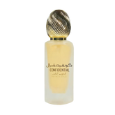 The image features a single bottle of perfume or hair mist with a design that gives a sense of luxury. The bottle has a gradient from yellow to white, suggesting a golden hue at the bottom that fades to a clearer top. It has a metallic, ribbed cap that appears gold in color. The bottle is labeled with the word "CONFIDENTIAL" in uppercase letters, along with Arabic script above it.