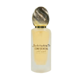 The image features a single bottle of perfume or hair mist with a design that gives a sense of luxury. The bottle has a gradient from yellow to white, suggesting a golden hue at the bottom that fades to a clearer top. It has a metallic, ribbed cap that appears gold in color. The bottle is labeled with the word "CONFIDENTIAL" in uppercase letters, along with Arabic script above it.