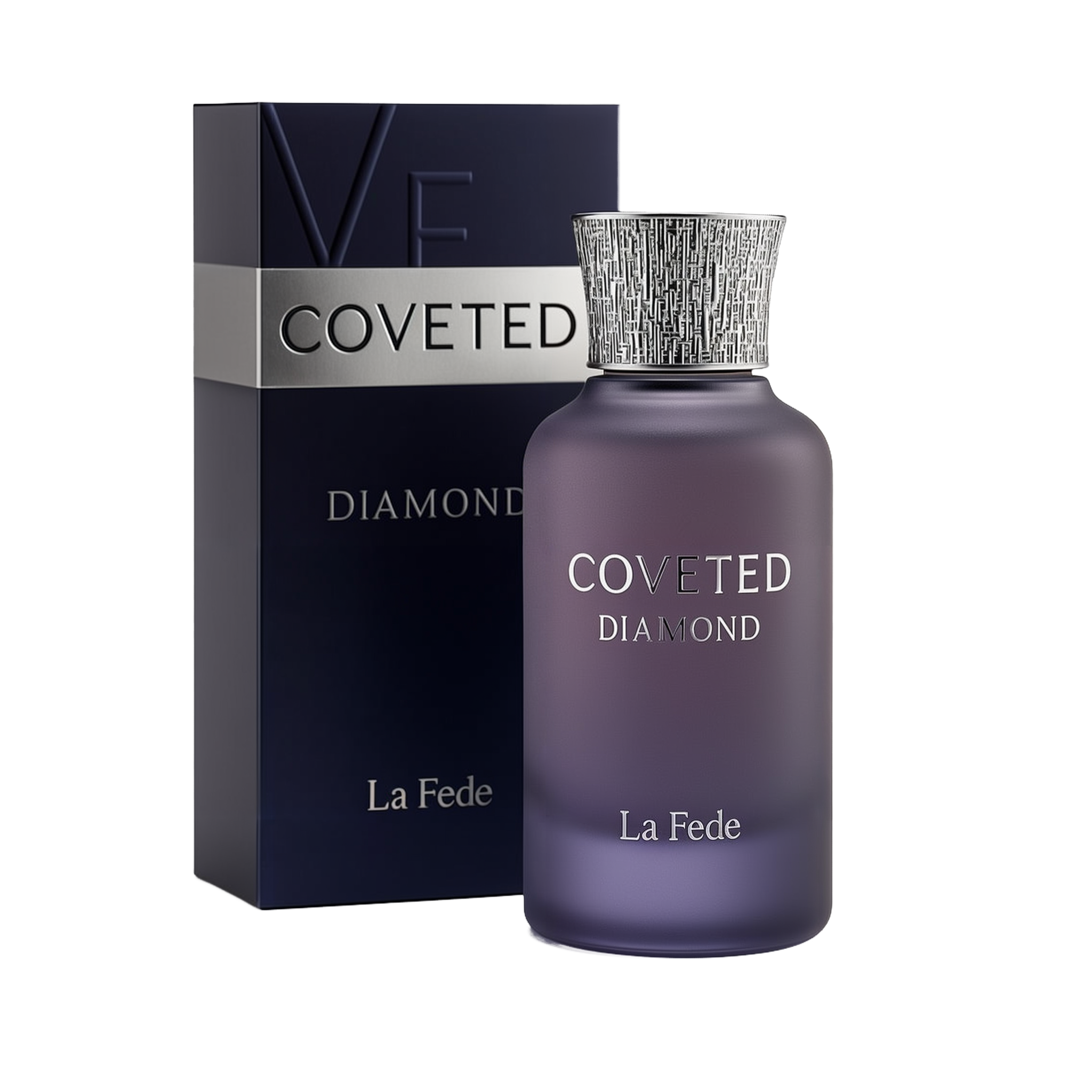 A bottle and packaging of Coveted Diamond Eau De Parfum by La Fede. The perfume bottle is matte purple with a gradient effect, featuring silver embossed text reading "COVETED DIAMOND" and "La Fede." It has a textured silver cap with a modern, intricate pattern. The box beside it is dark navy with silver accents, matching the bottle's design, and prominently displays the product name and brand.
