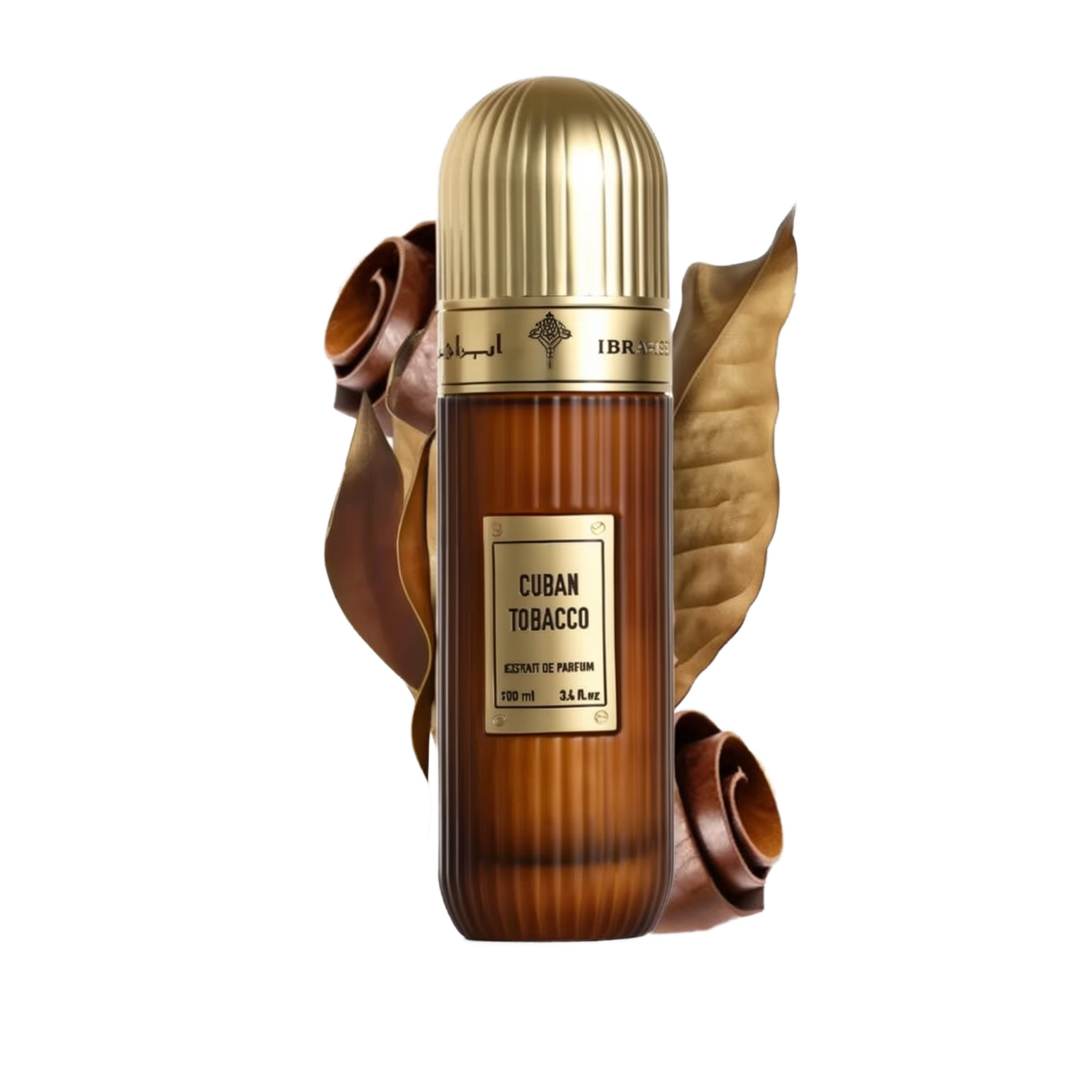 The image displays a bottle of "Cuban Tobacco" Extrait de Parfum by Ibraheem Al Qurashi. The fragrance bottle has a gradient brown design that simulates the look of a tobacco leaf, topped with a gold-colored cap. The label on the bottle is rectangular with the name of the scent prominently displayed in white against a dark background.