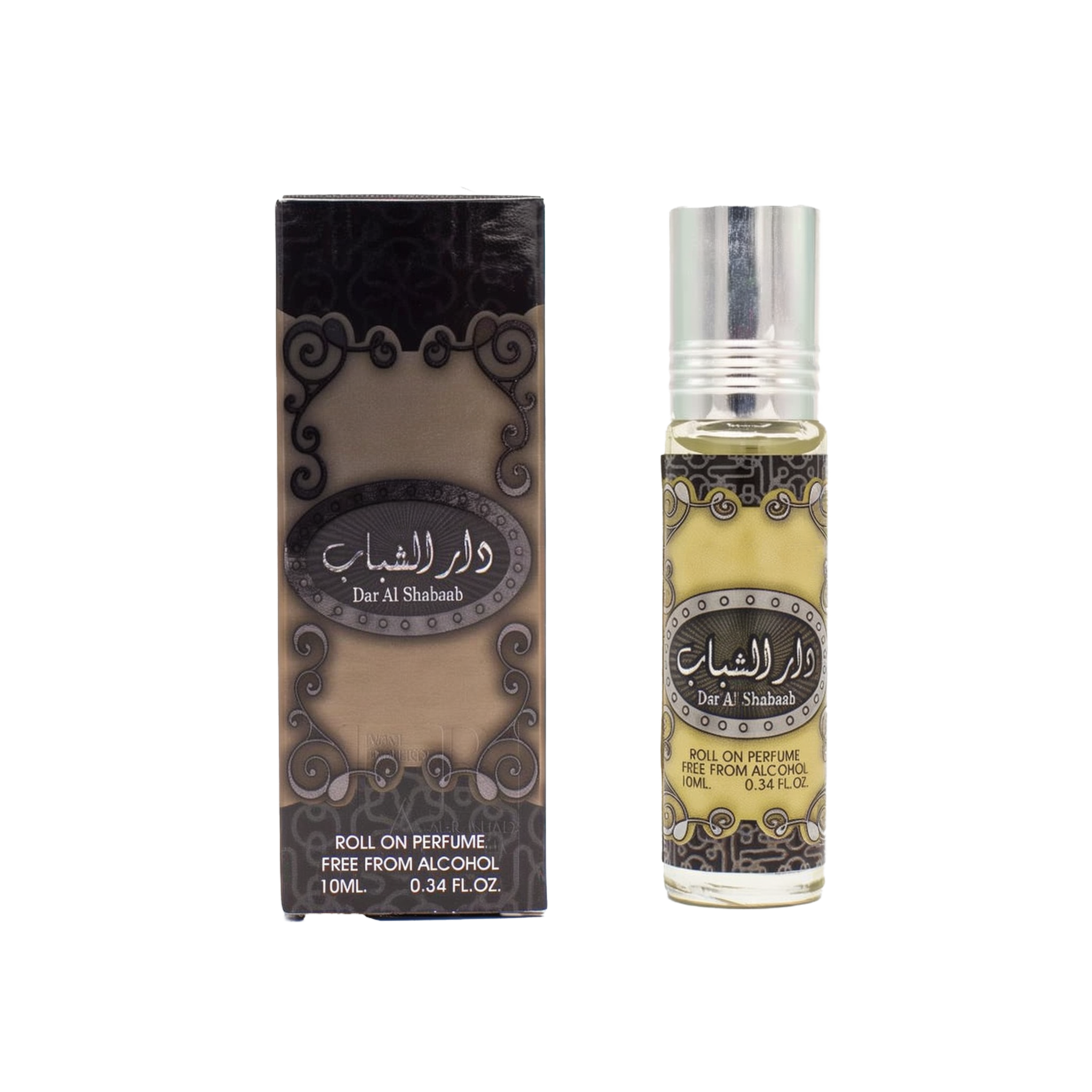 A 10ml roll-on perfume bottle and its packaging. The bottle has a silver cap and a label with Arabic script and the text "Dar Al Shabaab" below it. The packaging box features similar decorative patterns and the same text.