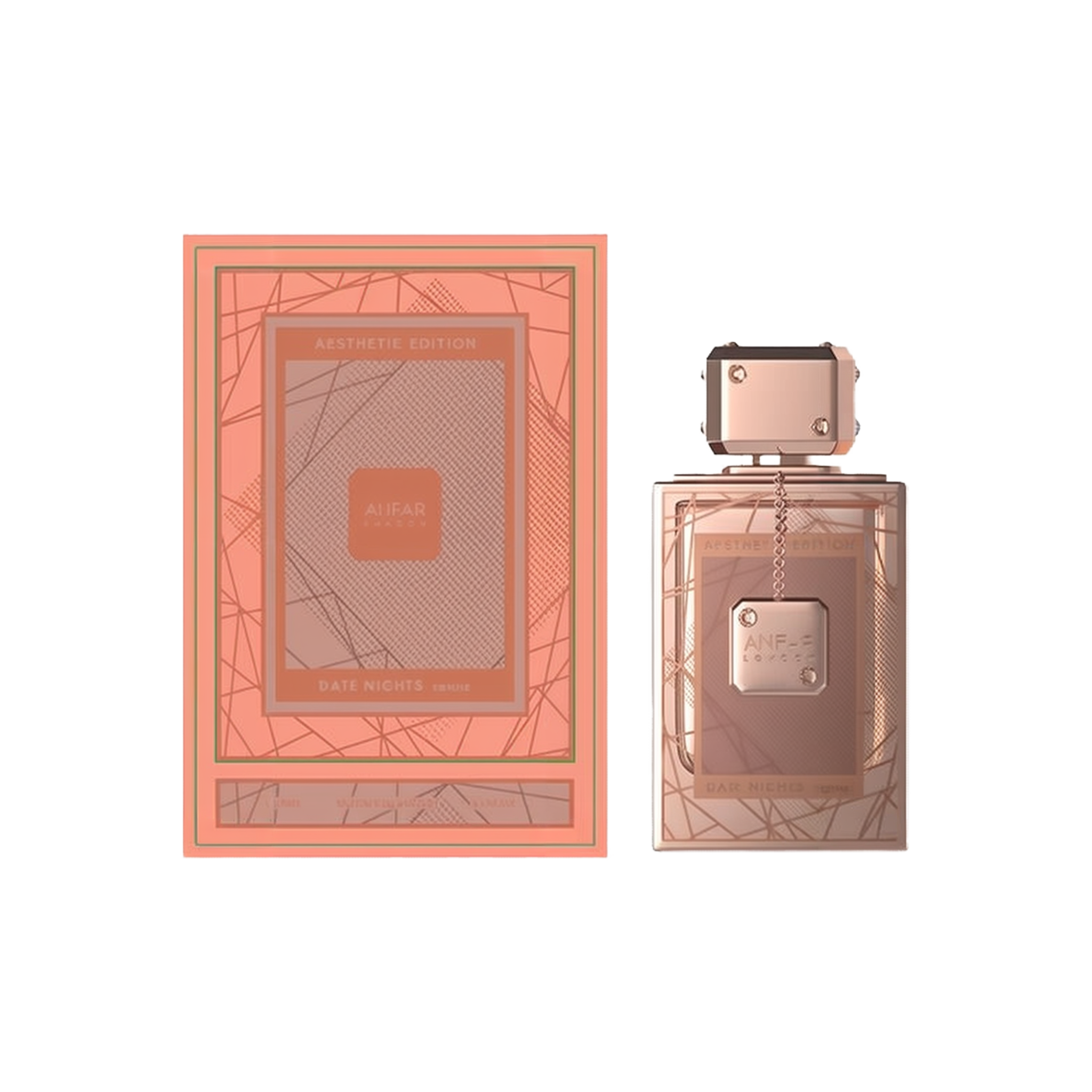 The image features the "Date Nights Femme Extrait De Parfum" from the "Aesthetic Edition" by Anfar. The perfume bottle has a sophisticated rose-gold metallic finish, adorned with intricate geometric patterns that add an elegant touch. It is topped with a