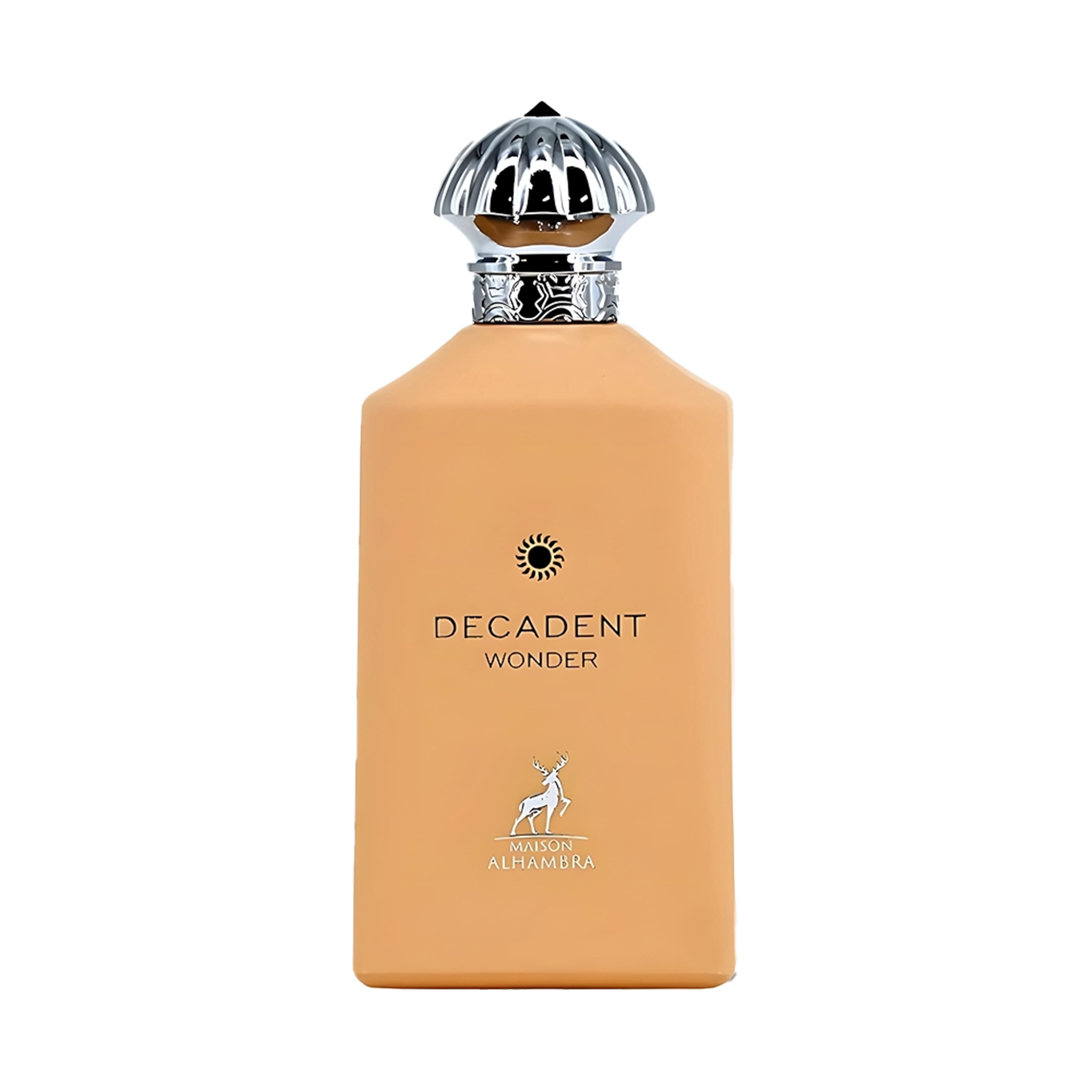 Maison Alhambra Decadent Wonder perfume bottle in matte beige with silver dome cap.