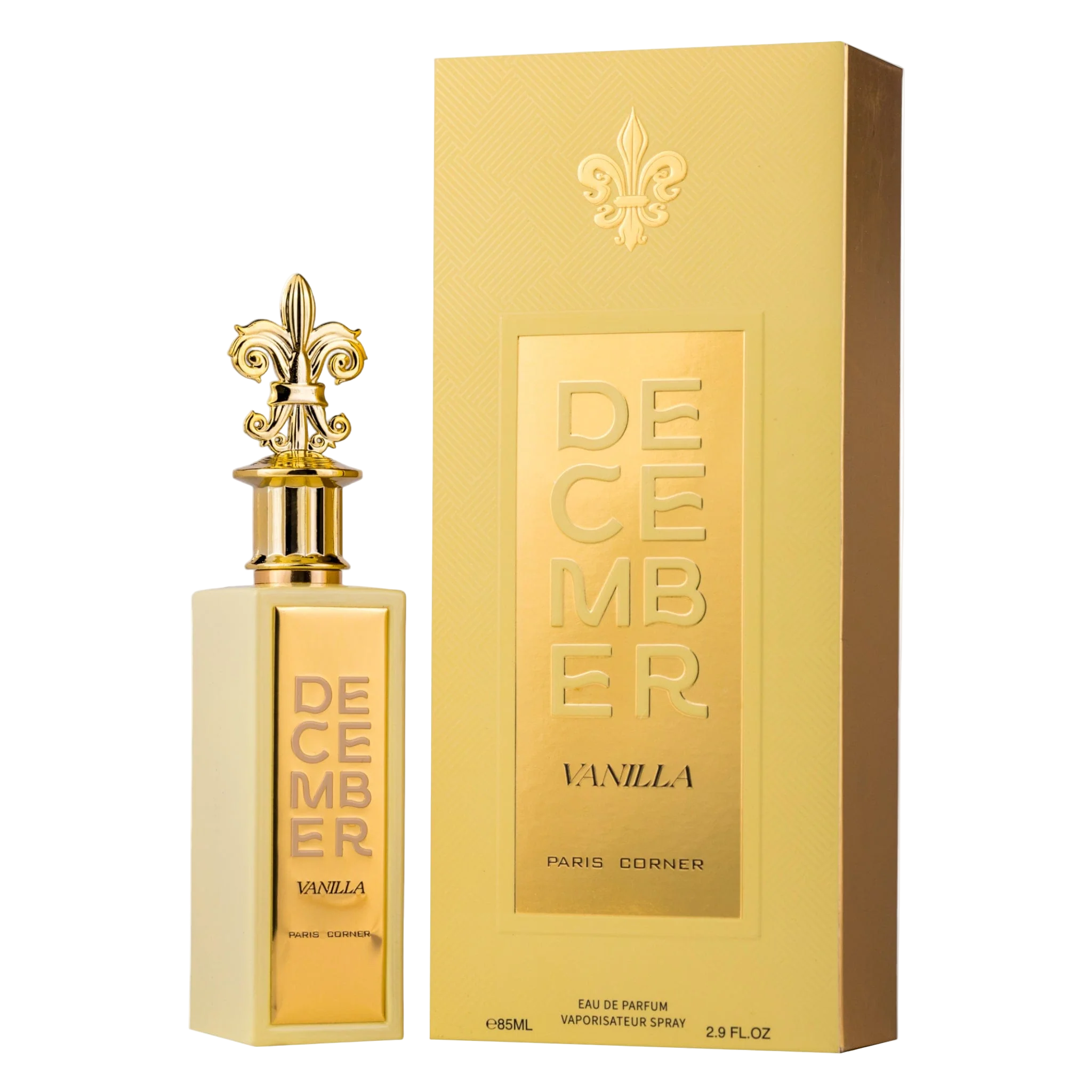 Gold perfume bottle and packaging with 'December Vanilla' text
