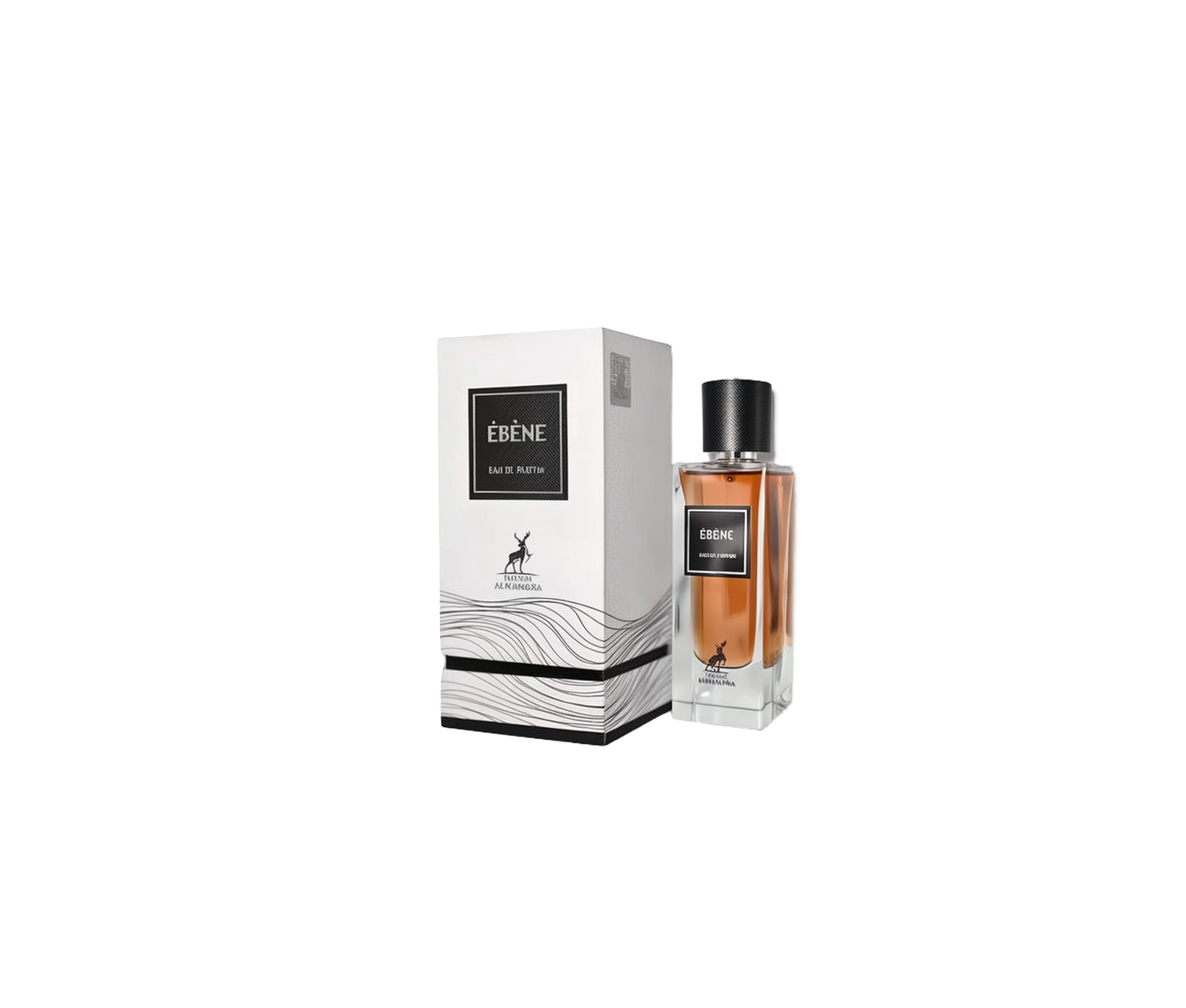 A clear rectangular perfume bottle with a black cap, containing an amber-hued fragrance labeled “Ébène Eau De Parfum” by Maison Alhambra, shown next to a white box featuring black lettering and a wave-like pattern.