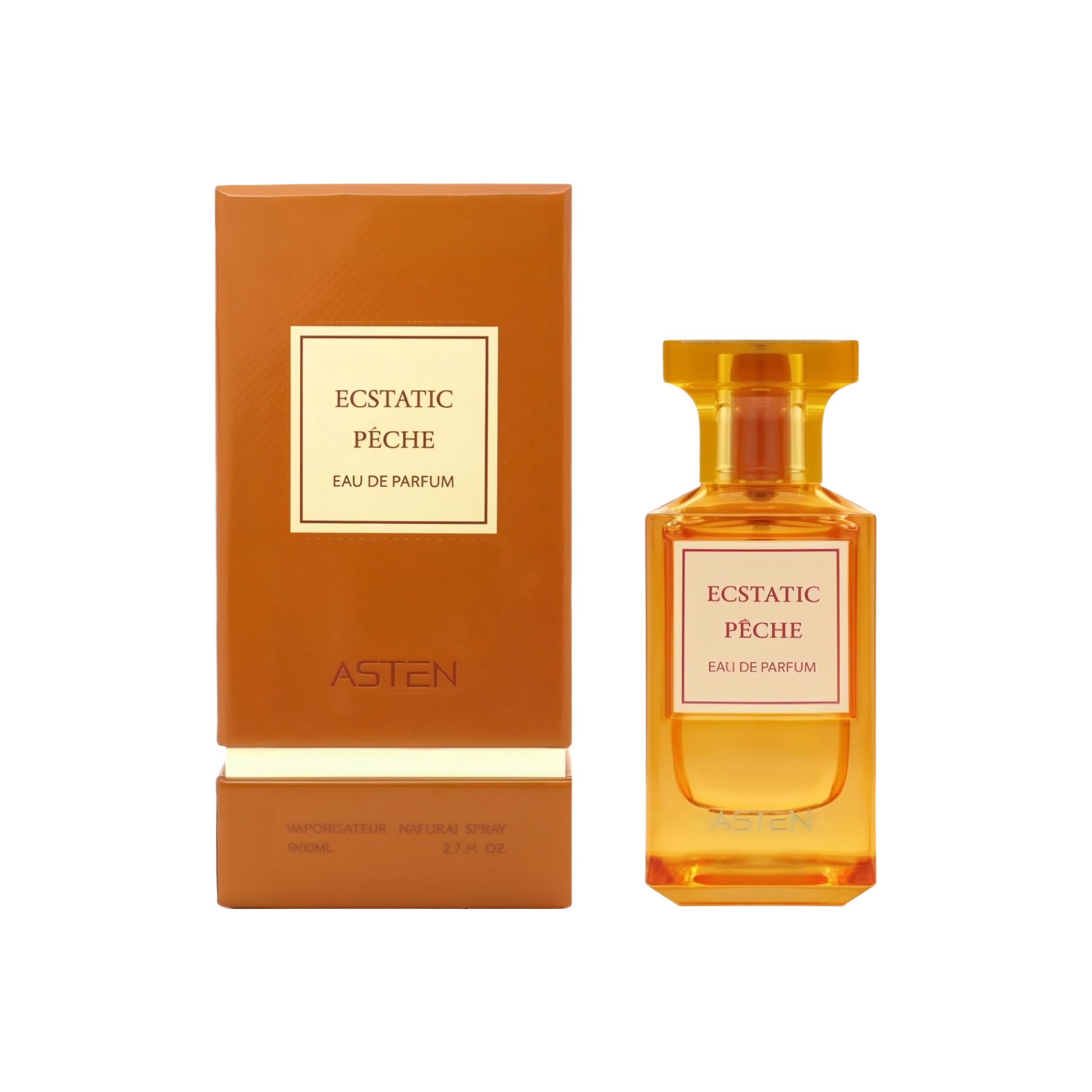 A translucent, warm orange rectangular perfume bottle with a matching square cap, labeled “Ecstatic Pêche Eau De Parfum,” shown next to its orange box featuring the same cream-colored label and the ASTEN brand name.