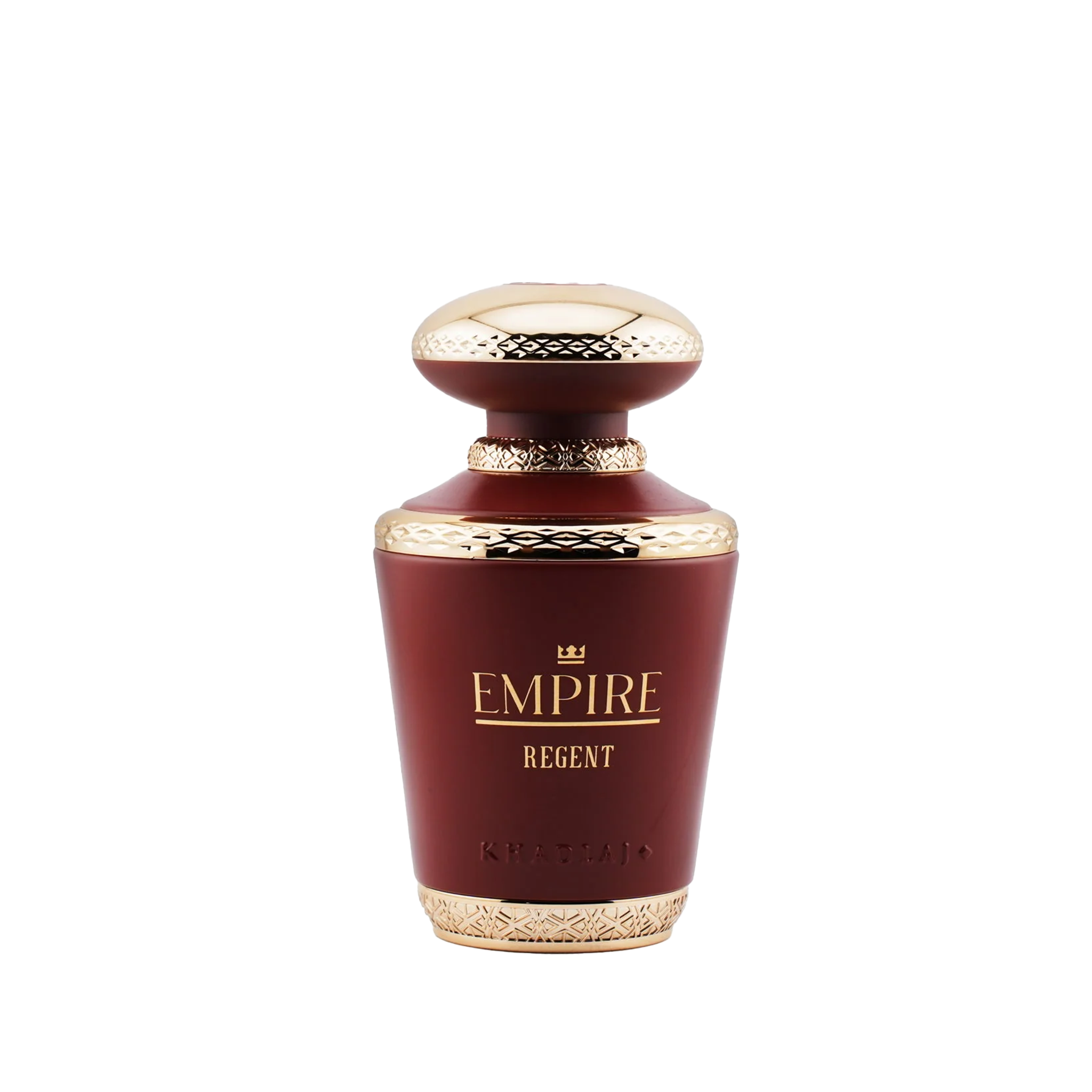 Empire Regent perfume by Khadlaj, featuring a maroon bottle with an ornate gold cap and base on a white background.
