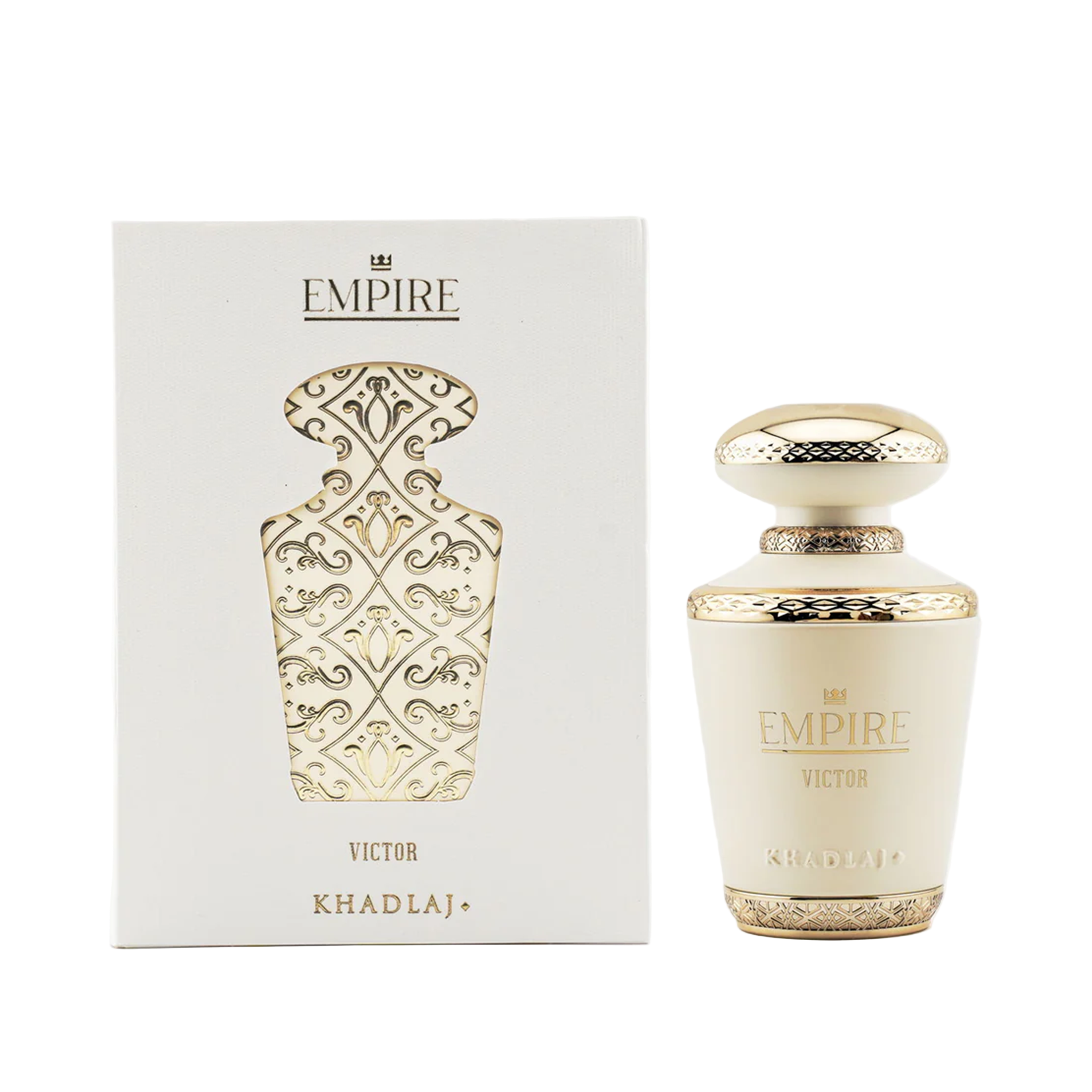 Khadlaj Empire Victor perfume bottle and its ornate cream and gold box displayed side-by-side on a black background.