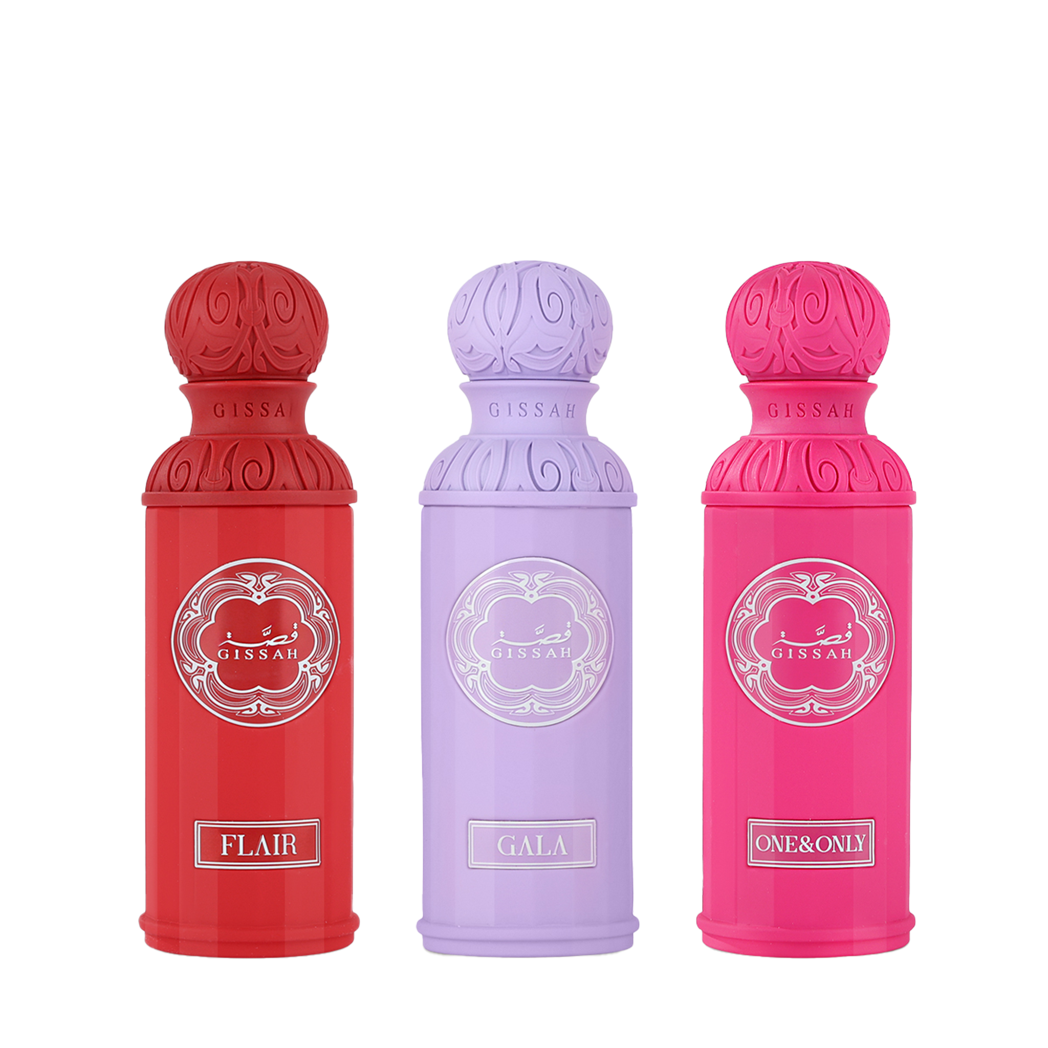 Three Gissah perfume bottles in red, purple, and pink