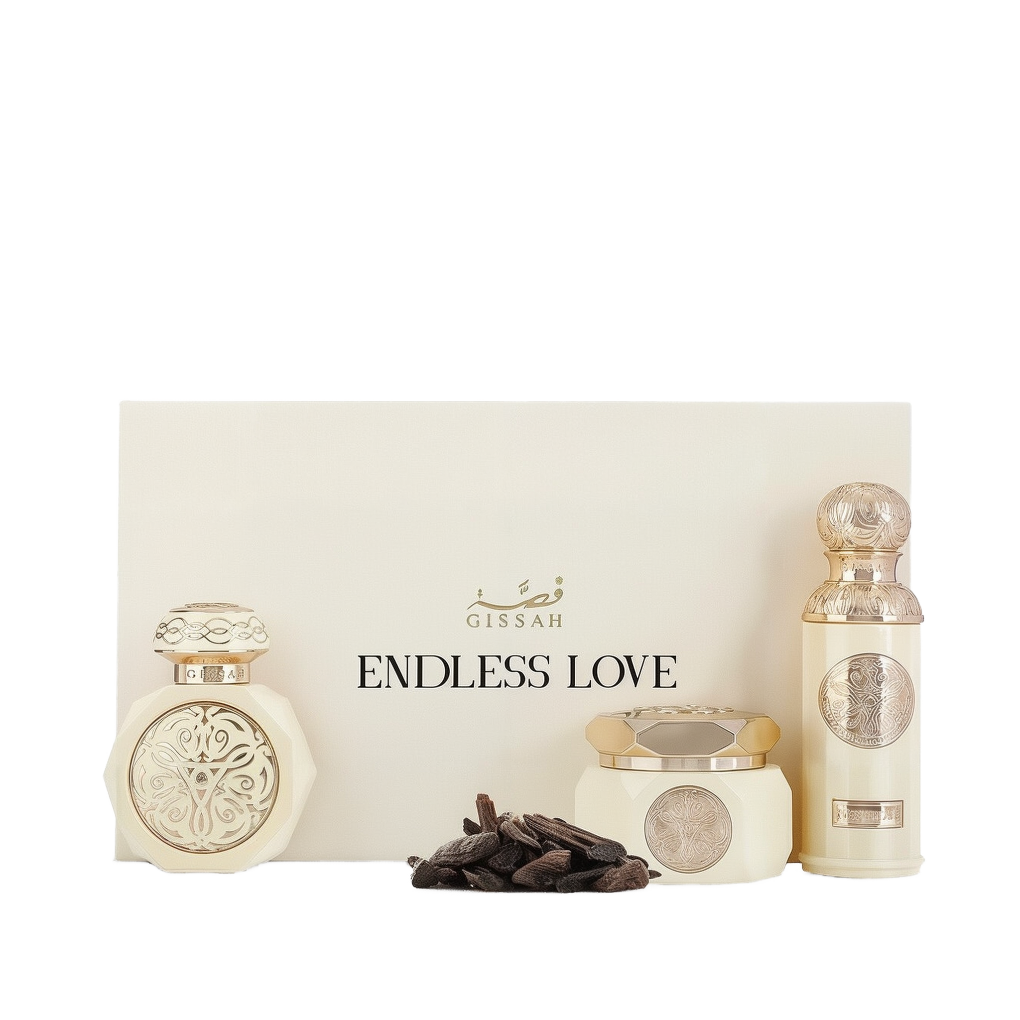 The image shows two perfume bottles from Gissah's "Endless Love" collection, displayed in front of a cream-colored box that has the collection's name printed on it. One bottle is short and wide with a flat cap, while the other is tall and cylindrical with a rounded cap. Both bottles are an off-white color and feature ornate gold medallions. Next to the bottles are a cluster of dark-colored items that resemble cloves, which might indicate the scent profile of the perfumes.