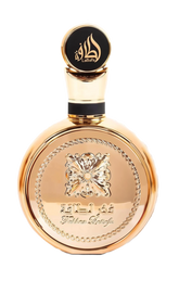 Image of a round, gold-colored perfume bottle with a large circular cap. The cap features black Arabic calligraphy and the brand name 'Lattafa' in English. The bottle has a decorative, embossed flower design in the center with elegant braided detailing along the edges and the inscription 'Fakhar Lattafa' below it. The overall design conveys luxury and traditional aesthetics, with a focus on reflective gold surfaces and contrasting black details.