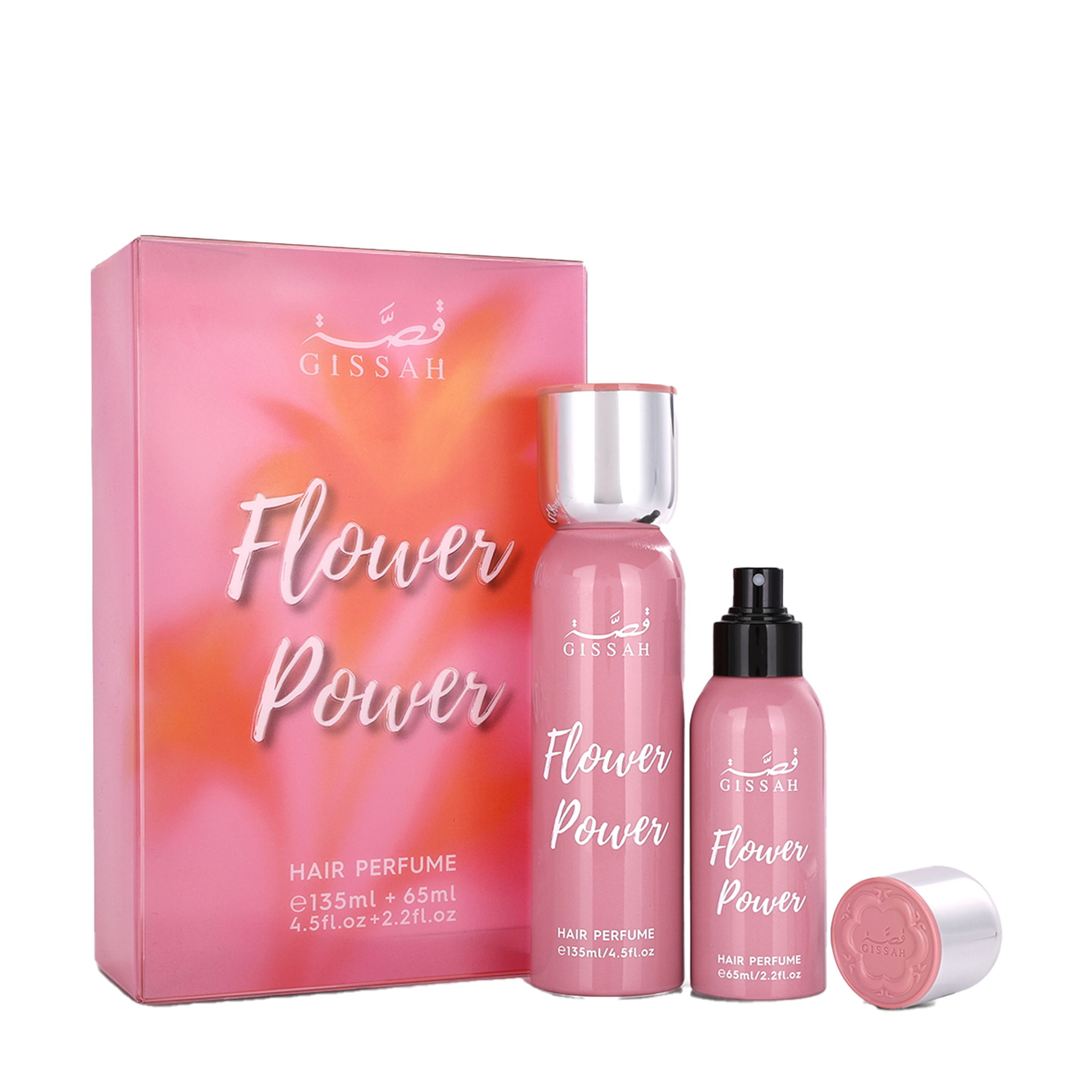 Pink Gissah Flower Power Hair Perfume set with two bottles and matching box featuring floral gradient design.