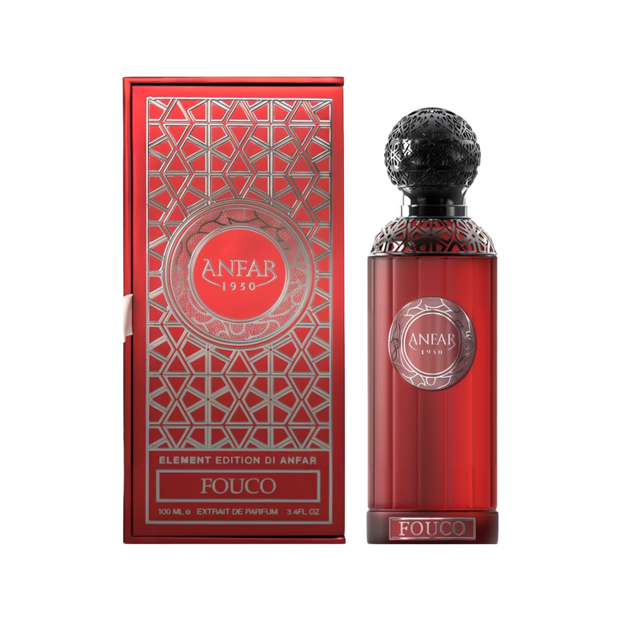 The image features the "Fuoco Pour Homme Extrait De Parfum" by Anfar. The perfume bottle is a striking red color with an intricate, ornate black cap. The label on the bottle displays the Anfar logo, set within a circular silver pattern that adds to the lu