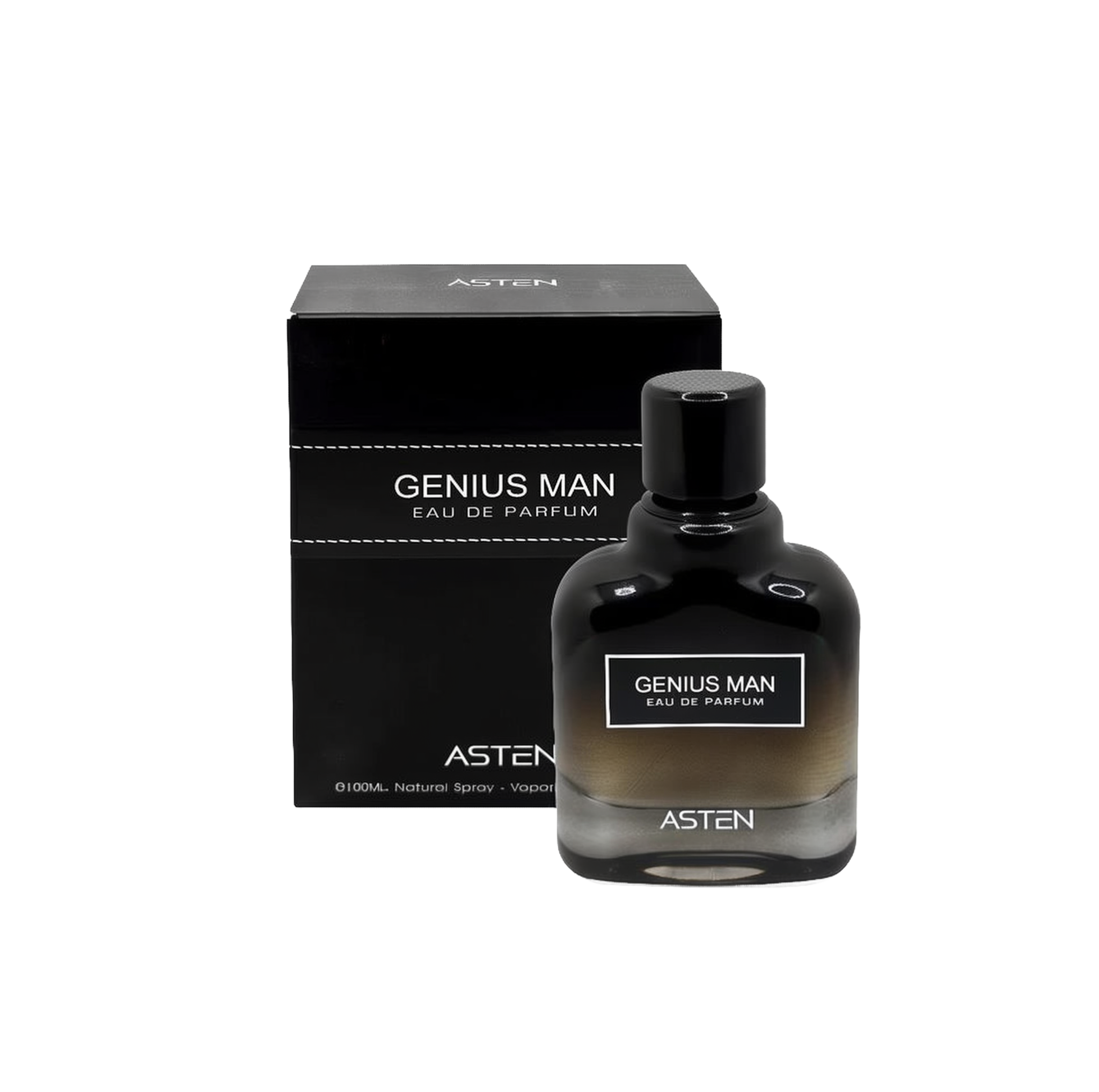 A rectangular black box with white stitched accents labeled “Genius Man Eau De Parfum” by Asten, displayed beside a sleek black-to-gray gradient glass bottle topped with a round black cap and the same text on its front.