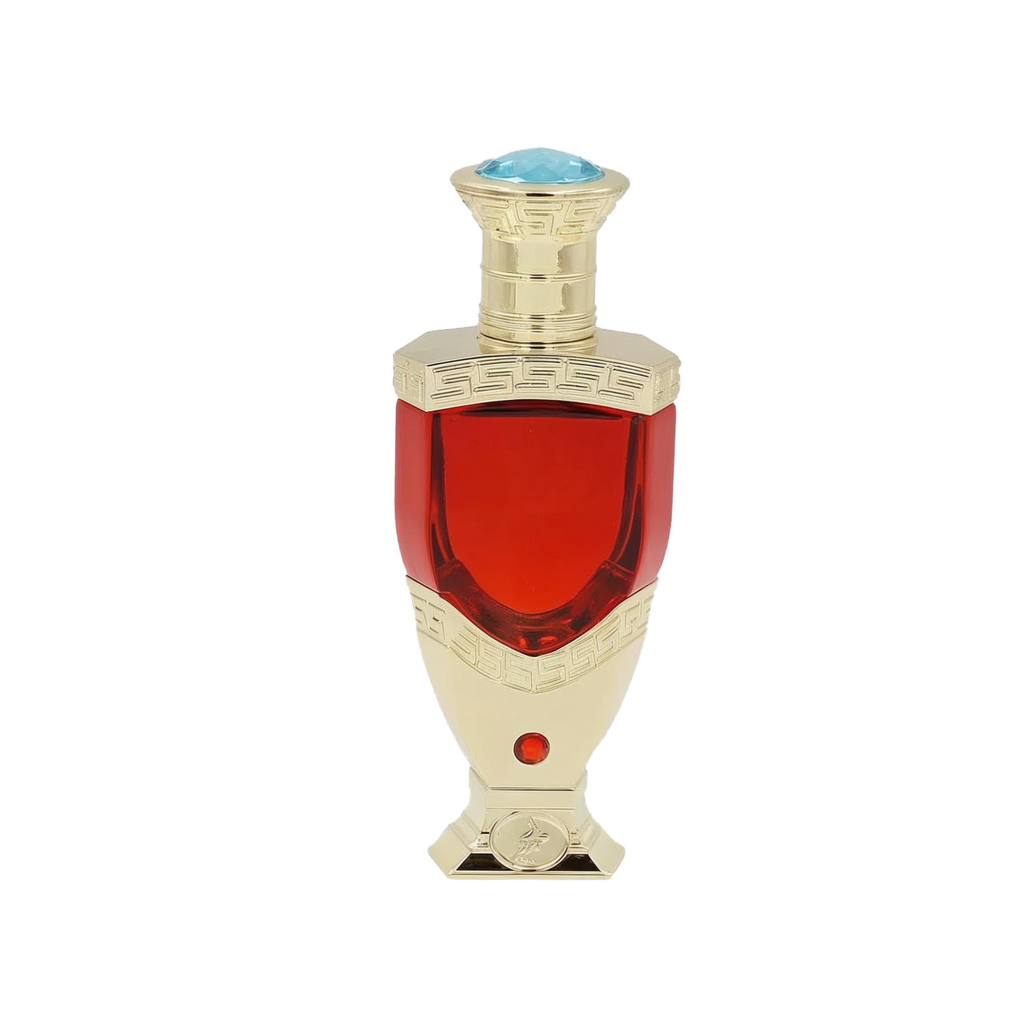 The images show a product called "Ghazlaan" by Khadlaj, which is a concentrated perfume oil. The perfume comes in an elegant bottle with a deep red liquid, featuring a gold base and cap with intricate designs and a light blue gem on the top.
