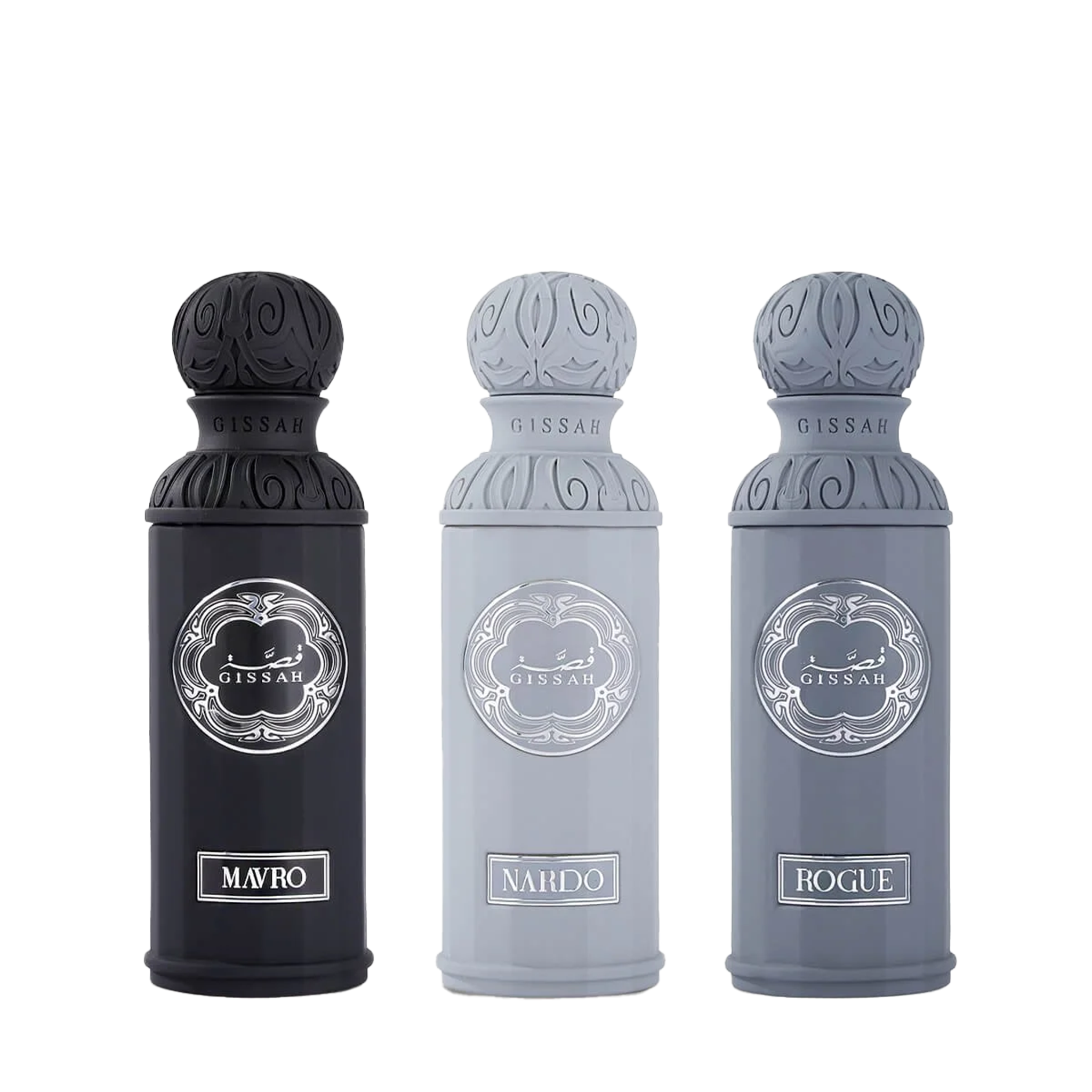 Gissah Graphite Set featuring Mavro, Nardo, and Rogue perfumes in black and grey bottles.