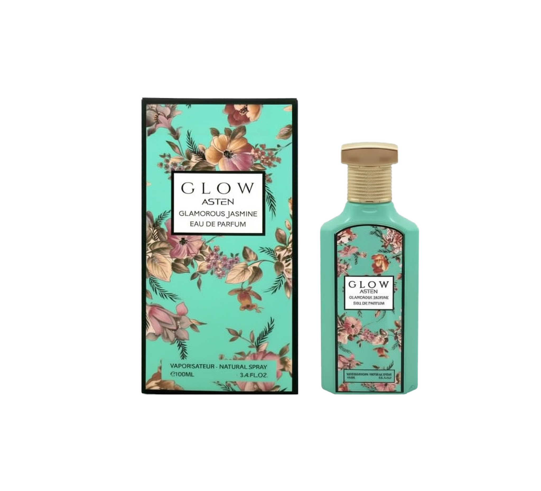 A tall, turquoise rectangular perfume bottle labeled “Glow Asten Glamorous Jasmine Eau De Parfum,” featuring a textured gold cap and a floral motif on the front. It is displayed alongside a matching turquoise box adorned with pink and brown flowers and the same product branding.