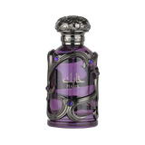 Habik perfume by Lattafa in royal purple bottle with intricate black metal design and blue jewel accents.