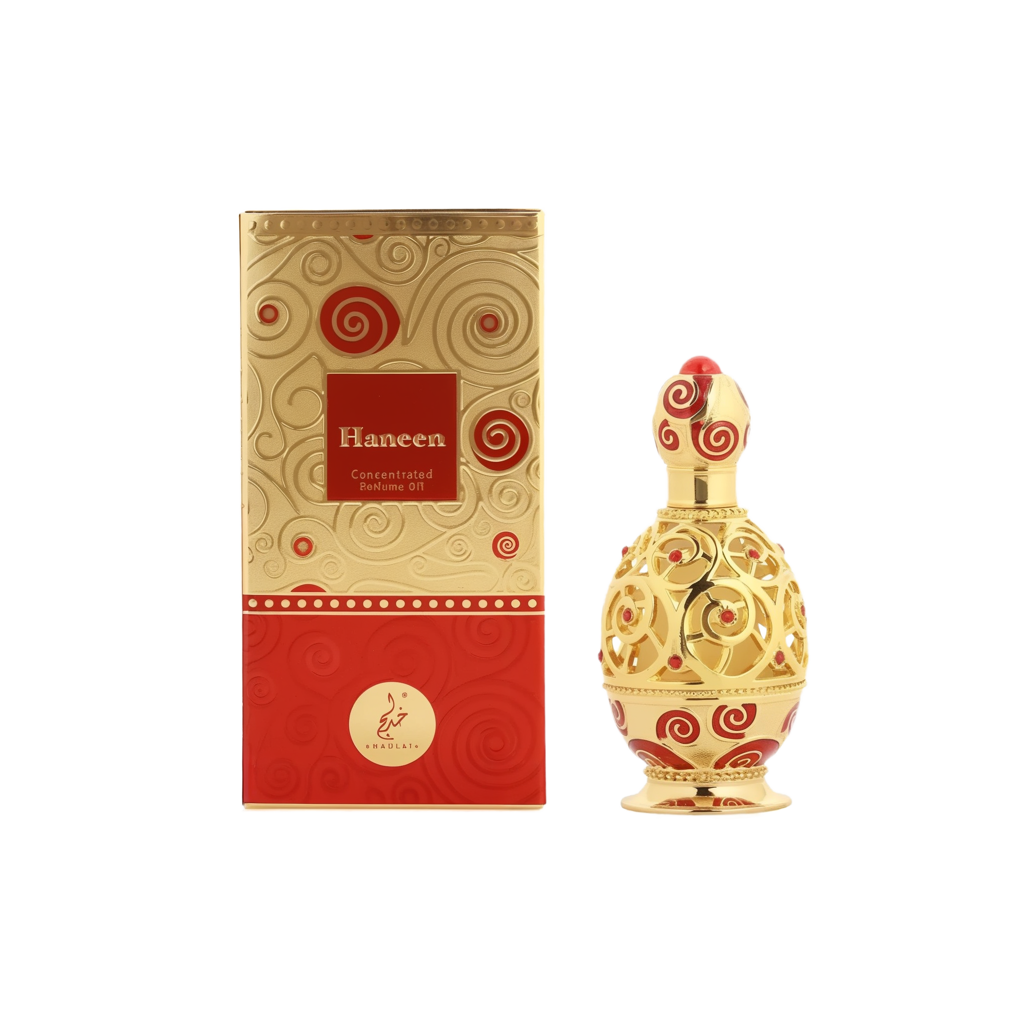 A luxurious perfume oil bottle and its matching box from Khadlaj Perfumes. The box is gold with red accents and intricate swirling patterns, featuring the brand name "Haneen" in elegant script. The bottle is gold with ornate red swirls, designed with an elaborate, rounded shape that exudes elegance and sophistication. The design elements reflect a refined and luxurious aesthetic.