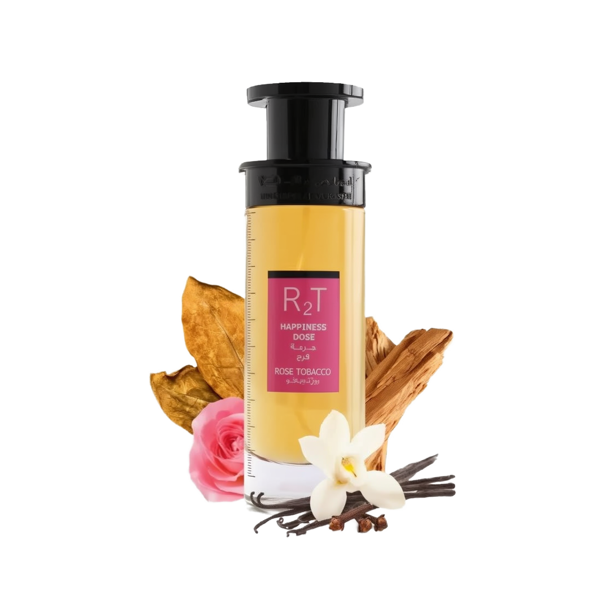 This is an image of a cylindrical clear perfume bottle with a black pump and a yellowish liquid inside, labeled "RT Happiness Dose" with additional text in Arabic and "ROSE TOBACCO" underneath. The bottle is positioned against a white background with a pink rose, a dry tobacco leaf, a cluster of vanilla beans, a white orchid flower, and some cinnamon sticks arranged around it, indicating the scent notes of the perfume.