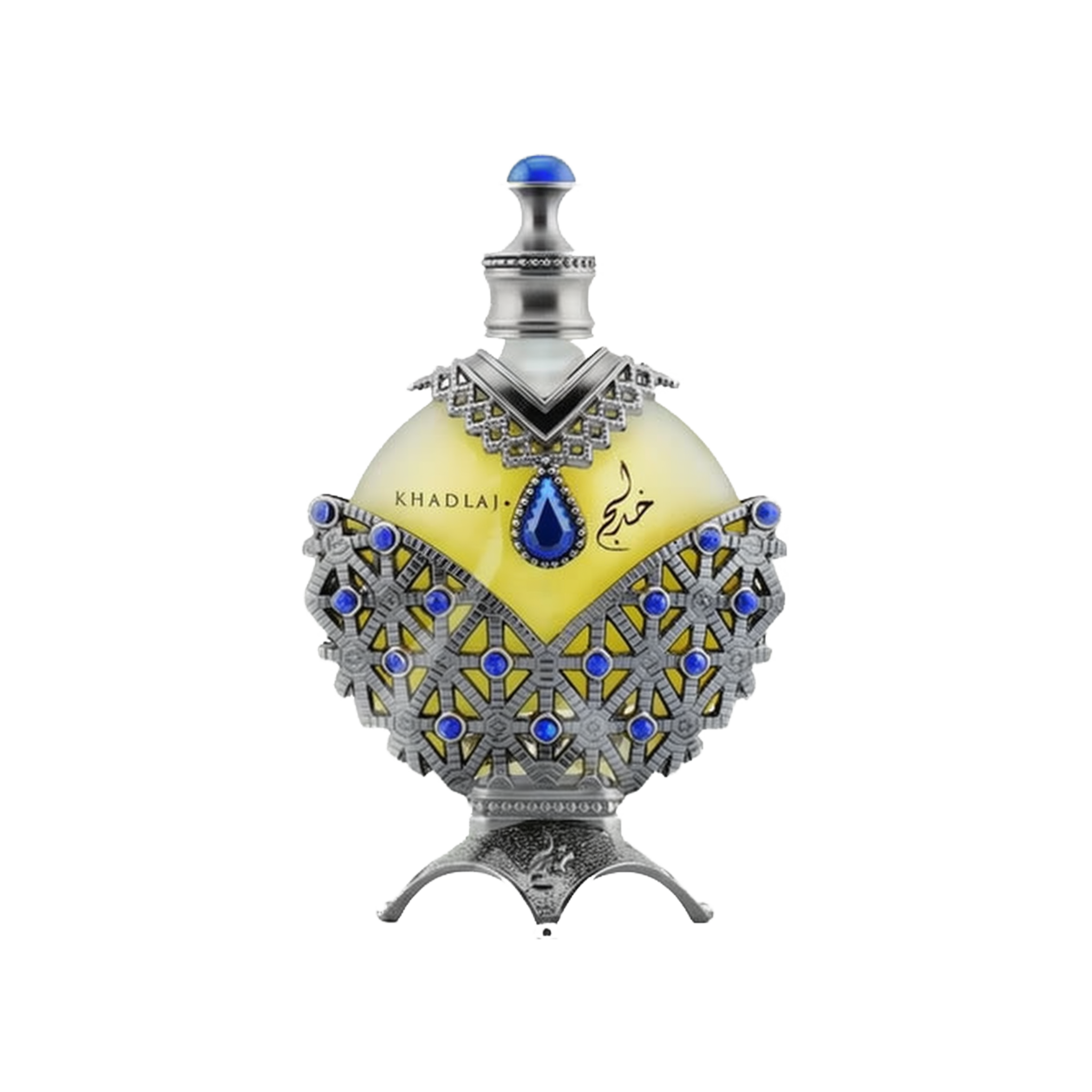 A luxurious perfume box and bottle from the brand Khadlaj, named Hareem Al Sultan Blue. The box is designed with intricate silver and blue patterns, featuring an ornate design that exudes elegance and sophistication. The perfume bottle is shaped like a teardrop and embellished with detailed silver and blue decorations. The bottle has a prominent blue jewel at its center and is topped with a silver cap adorned with a blue gem.