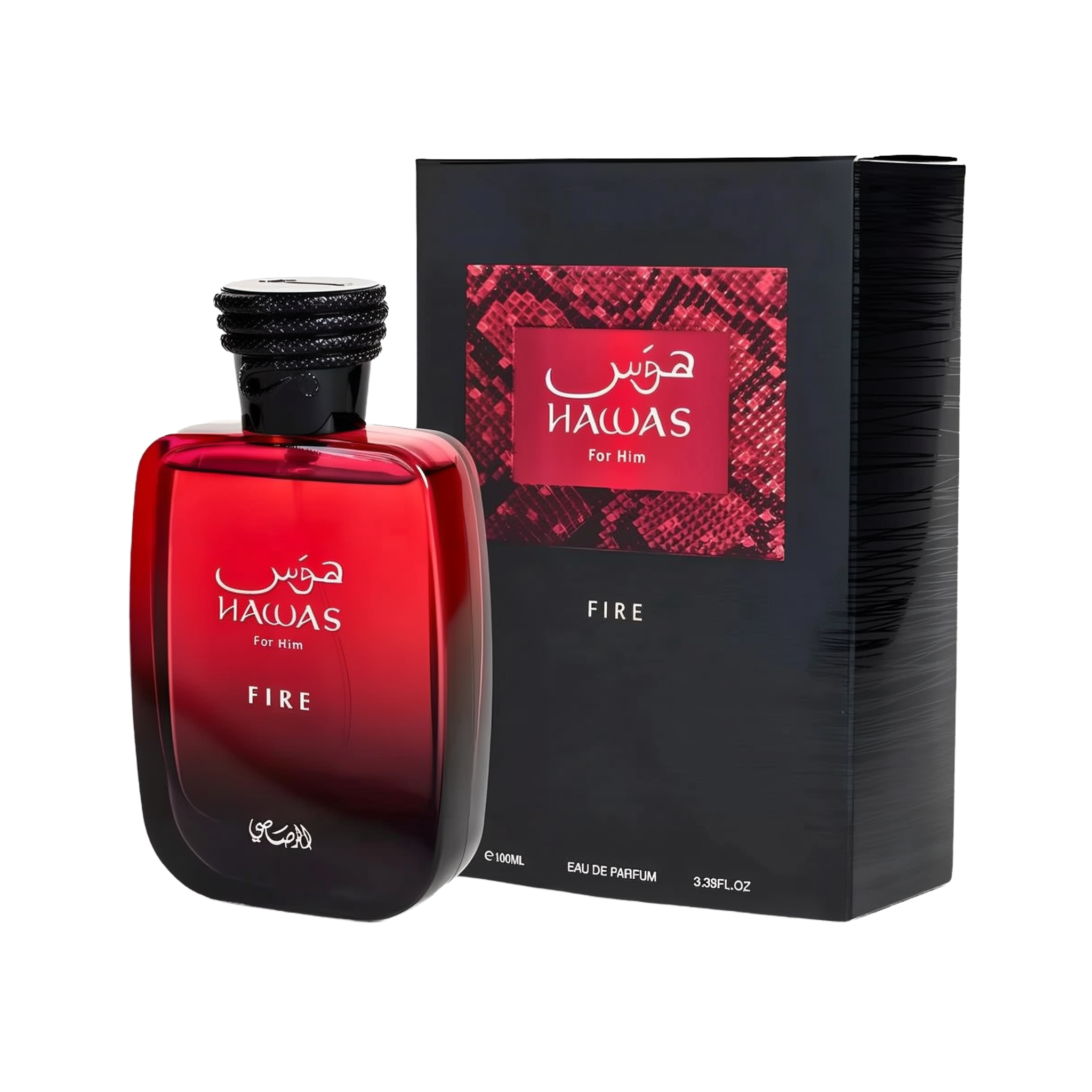A rectangular glass fragrance bottle in a red gradient color with a black cap, labeled “Hawas Fire for Him” in Arabic and English, next to a matching black box featuring a red textured design and the same branding.