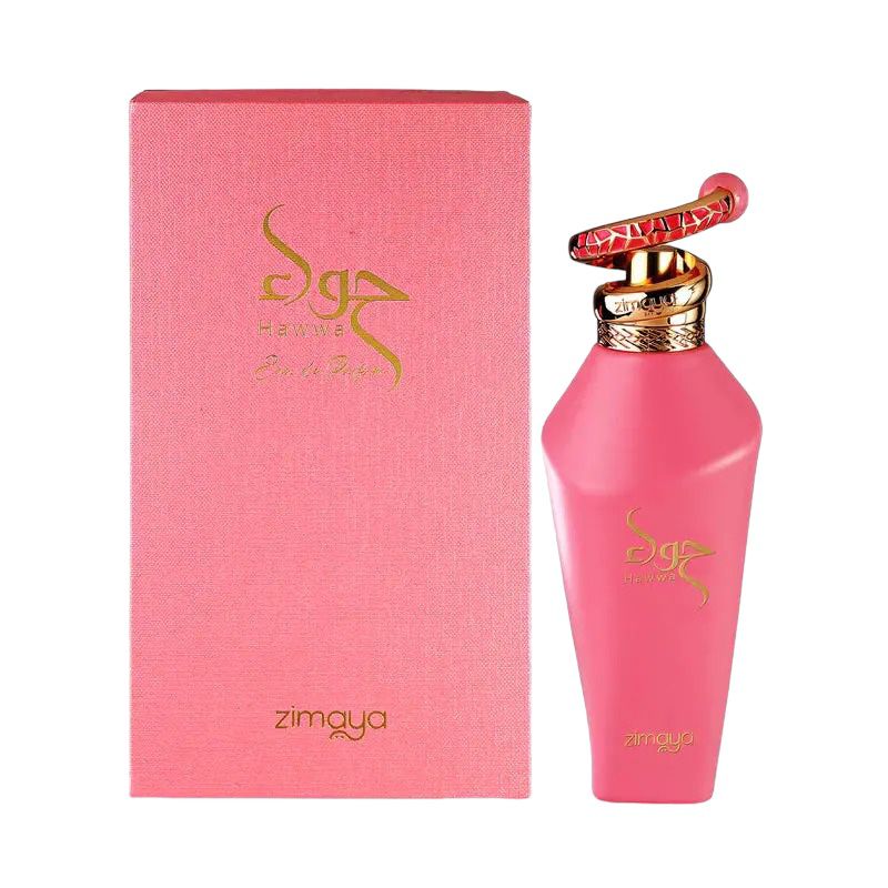 The image displays a perfume bottle next to its packaging box. The bottle has a matte pink finish with a gold cap and a uniquely designed gold ring on the top. The box is of a matching pink shade with the brand name printed in gold lettering. The brand name appears to be scripted elegantly in a non-English script at the top half and "zimaya" in a smaller, possibly Roman script at the bottom. The overall aesthetic suggests a luxurious or high-end fragrance product.