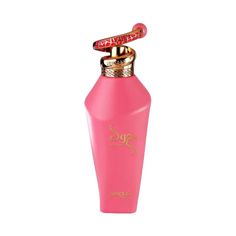 The image shows a close-up of a perfume bottle without its packaging. The bottle has a bright matte pink finish with gold accents. The cap is particularly distinctive, featuring a gold ring and a red and gold patterned design that extends upwards, resembling a handle or decorative element. The front of the bottle is adorned with the brand's name in a golden, stylized script, and the word "zimaya" is printed beneath it in a smaller font. The design elements suggest a feminine and luxurious fragrance product.