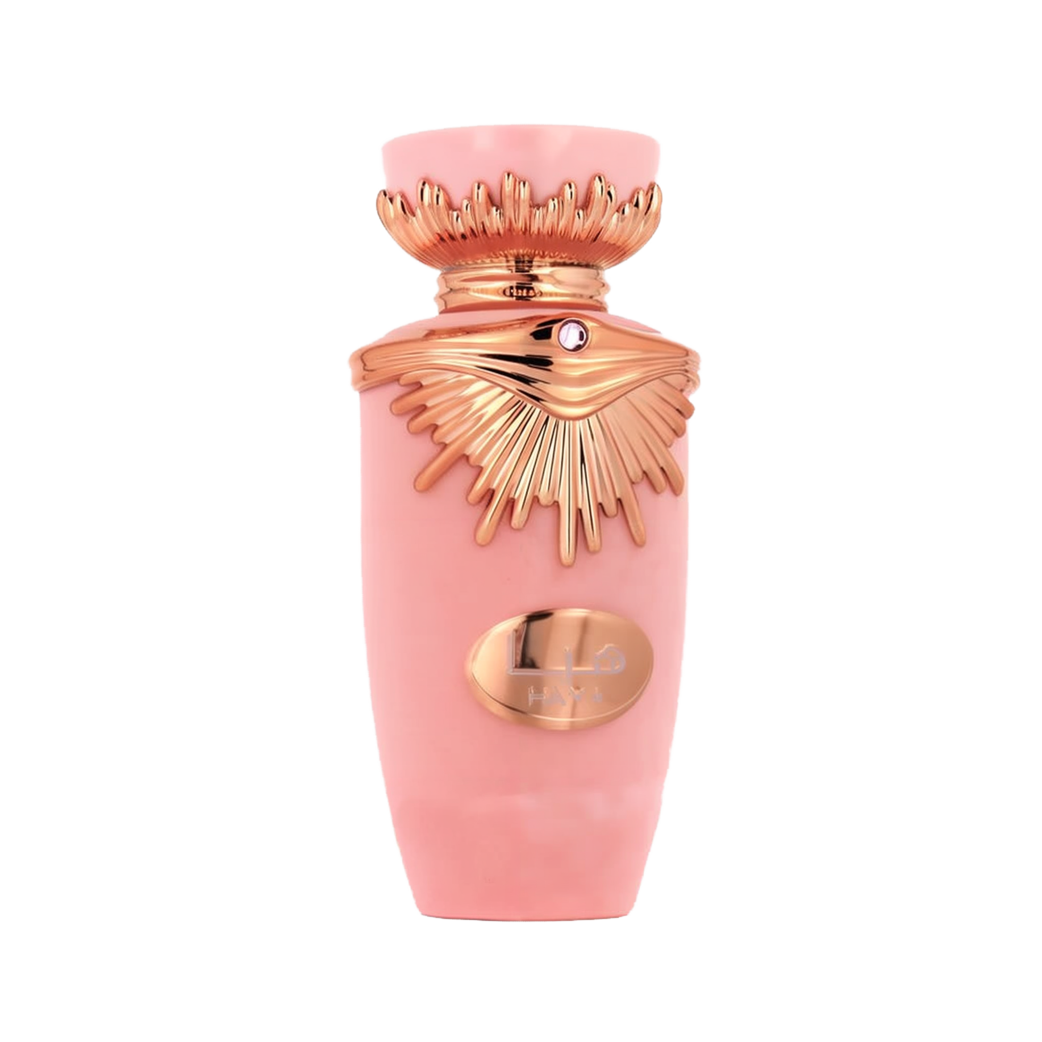 The image is a product shot of a pink bottle with metallic rose gold accents. The bottle has a distinctive shape with a flared neck and a decorative element that resembles wings around the cap, which might indicate that it is a fragrance bottle. The center of the bottle features a metallic rose gold oval-shaped plaque with an emblem or logo. The cap also has a small, circular detail that could be a gemstone, adding to the luxurious appearance of the bottle.