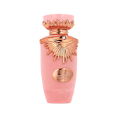 The image is a product shot of a pink bottle with metallic rose gold accents. The bottle has a distinctive shape with a flared neck and a decorative element that resembles wings around the cap, which might indicate that it is a fragrance bottle. The center of the bottle features a metallic rose gold oval-shaped plaque with an emblem or logo. The cap also has a small, circular detail that could be a gemstone, adding to the luxurious appearance of the bottle.
