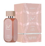Hayaati Florence Eau de Parfum by Lattafa. The perfume bottle is rectangular with rounded edges, featuring a soft beige-pink hue and a silver cap. The front of the bottle displays the Hayaati branding in Arabic and English, with 'Lattafa' and 'Florence' w