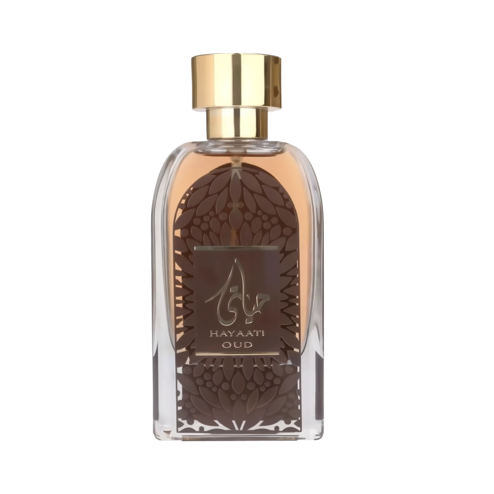 The image shows a clear glass perfume bottle with a golden cap. The perfume liquid is a dark amber color. The front of the bottle features a decorative motif resembling a dome with geometric patterns in brown and a central label with the name "HAYAATI OUD" in gold lettering and elegant Arabic calligraphy. The overall design suggests an opulent and exotic fragrance, and the bottle is set against a plain white background to emphasize its design and contents.