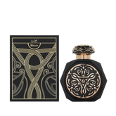 A luxurious black, octagonal perfume bottle with intricate, gold embossed designs on the front, paired with a matching black and gold cap. The bottle is placed next to its elegant black box, which features elaborate gold patterns and the Gissah brand name along with "Helen" in both English and Arabic.