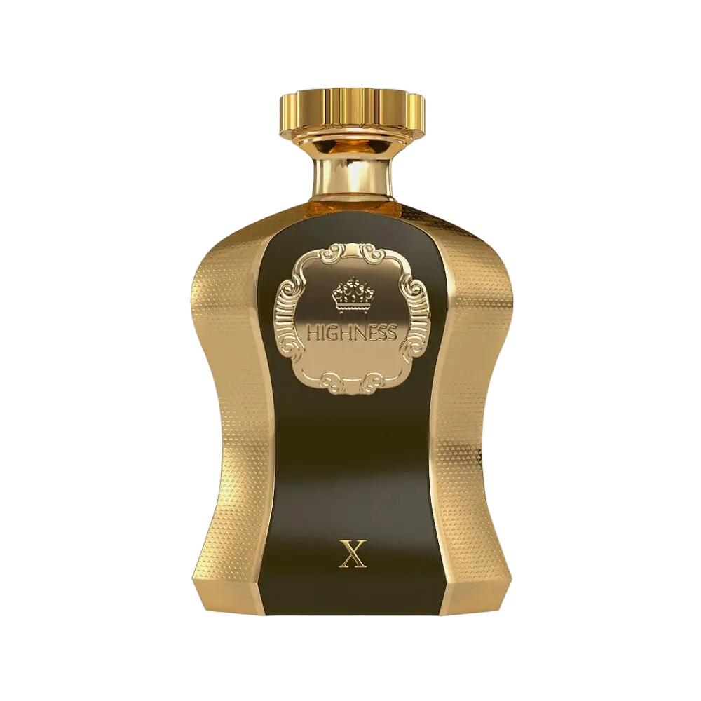 The image features an opulent perfume bottle from Afnan Perfumes named "Highness Brown X". The bottle has a unique, curvaceous shape with a metallic gold finish and textured details. A dark, opaque central panel with the word "HIGHNESS" inscribed within an ornate decorative frame adds contrast. Topping the bottle is a gold cap that complements its luxurious design.