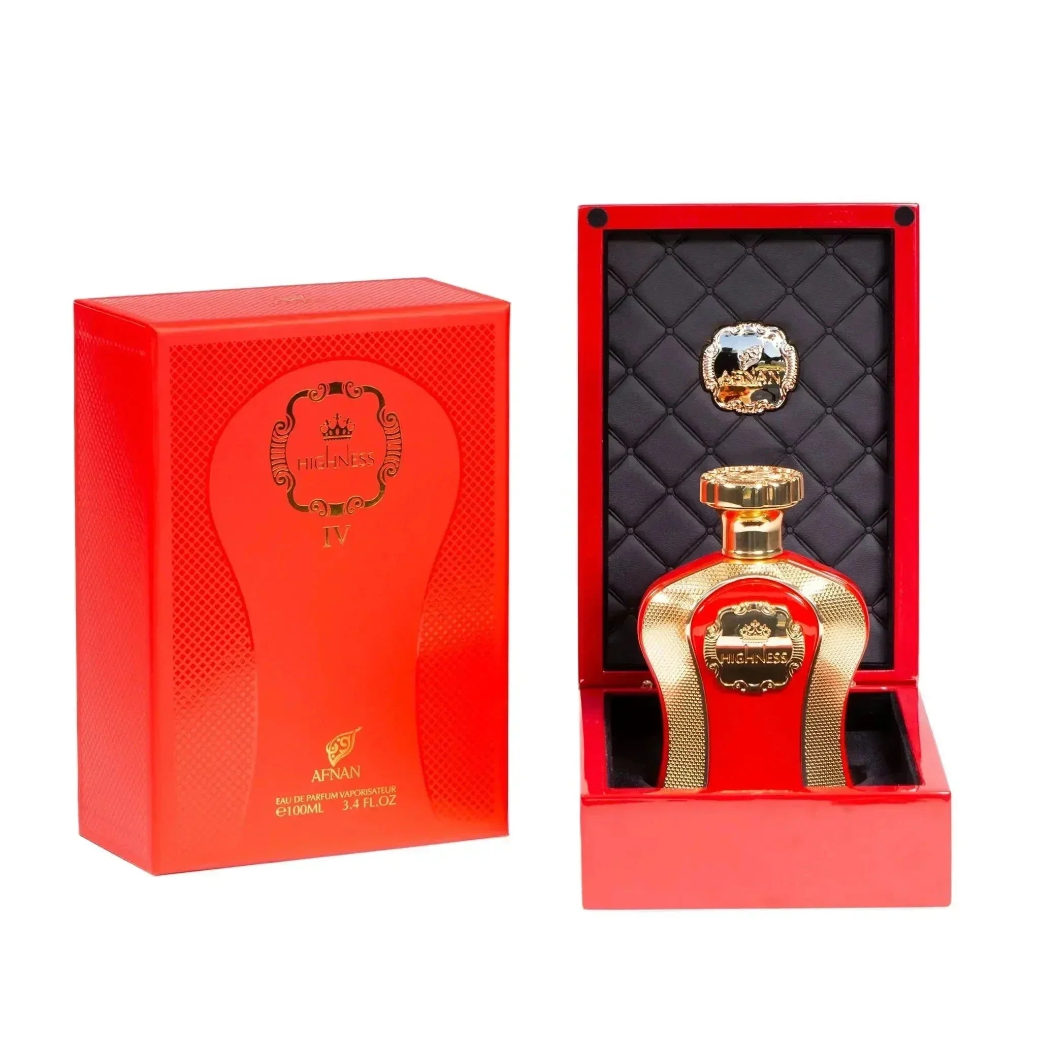 The image displays a luxurious perfume set, "Highness Red IV" by Afnan Perfumes. It features an ornate golden bottle with a crown-like cap and a red label with the brand's emblem, presented in an elegant red box with a textured pattern. The box is open, revealing a rich, black interior with a quilted pattern and the perfume bottle snugly fitted inside, highlighting the item's exclusivity and premium quality. The combination of red and gold signifies opulence and sophistication.