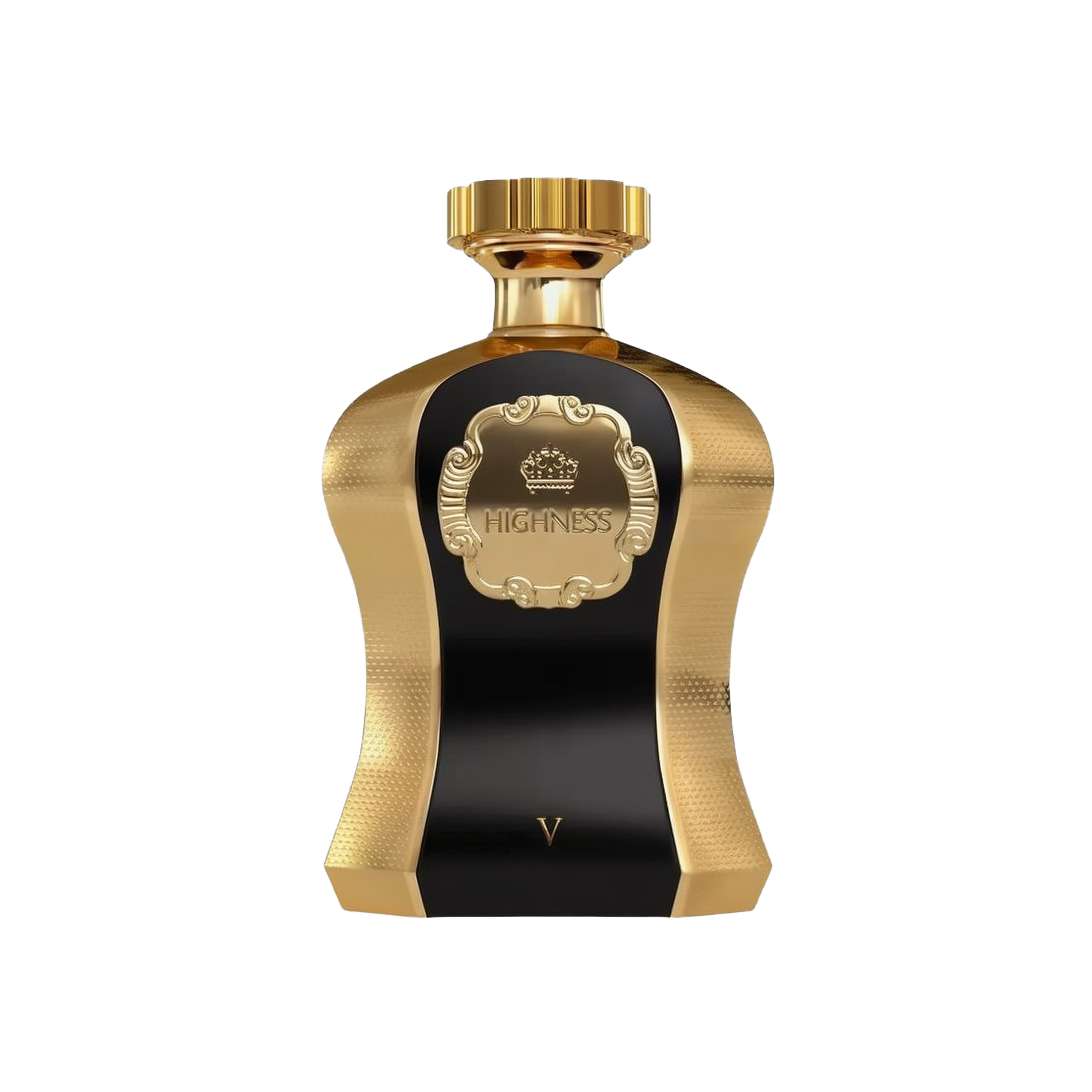 A photo of the Highness V Black EDP 100ml perfume bottle, featuring a striking contrast of polished gold and deep black. The central black panel is framed by a textured gold surface with a luxuriously designed crest bearing the name 'HIGHNESS' above and the Roman numeral 'V' below. The cap is a smooth gold that complements the elegance of the bottle design, suggesting a scent of regal and sophisticated character.
