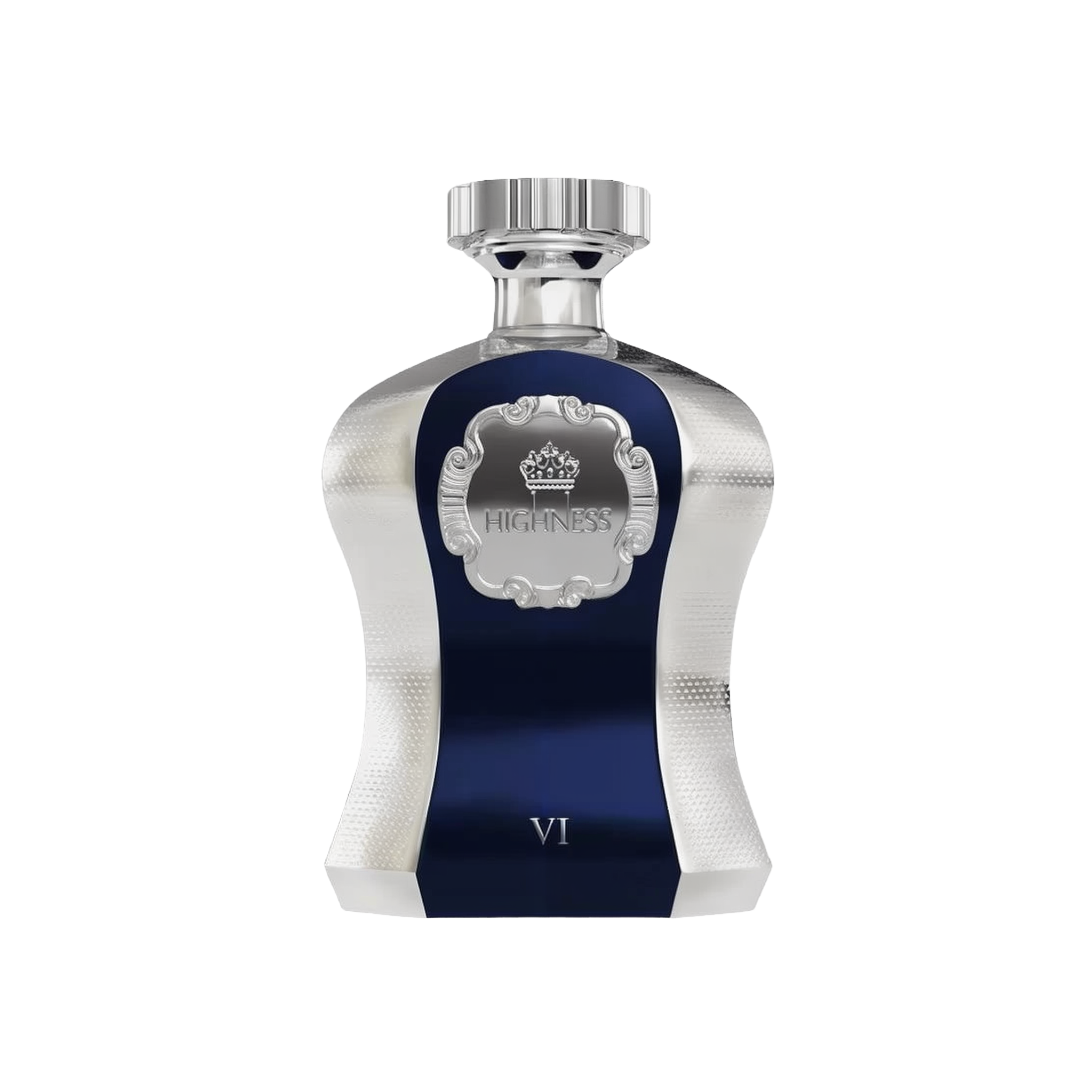 An image of "Highness VI" perfume by Afnan Perfumes, featuring a luxurious bottle with a deep blue central panel and textured silver sides. The silver cap complements the textured design of the bottle. An ornate silver label with a crown emblem and the word "HIGHNESS" is prominently displayed on the blue backdrop, with the roman numeral "VI" below, indicating its edition within the Highness series.