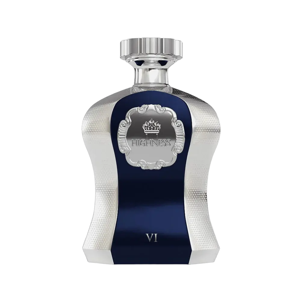 An image of "Highness VI" perfume by Afnan Perfumes, featuring a luxurious bottle with a deep blue central panel and textured silver sides. The silver cap complements the textured design of the bottle. An ornate silver label with a crown emblem and the word "HIGHNESS" is prominently displayed on the blue backdrop, with the roman numeral "VI" below, indicating its edition within the Highness series.