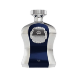 An image of "Highness VI" perfume by Afnan Perfumes, featuring a luxurious bottle with a deep blue central panel and textured silver sides. The silver cap complements the textured design of the bottle. An ornate silver label with a crown emblem and the word "HIGHNESS" is prominently displayed on the blue backdrop, with the roman numeral "VI" below, indicating its edition within the Highness series.