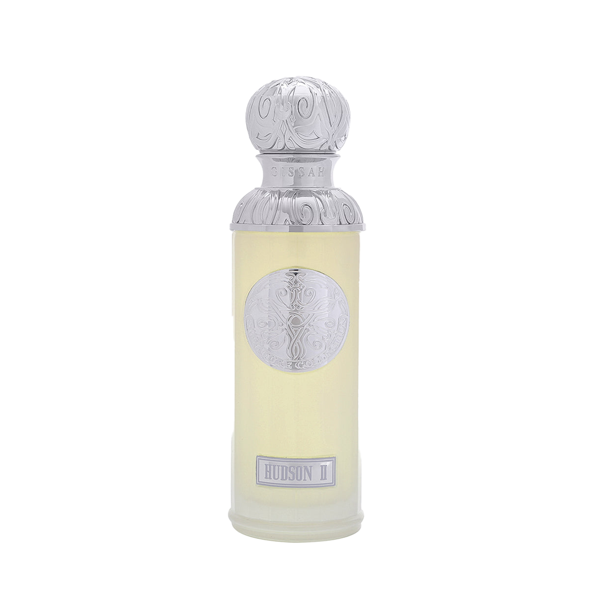 Elegant pale yellow perfume bottle with embossed silver cap and Hudson II Gissah branding on front.
