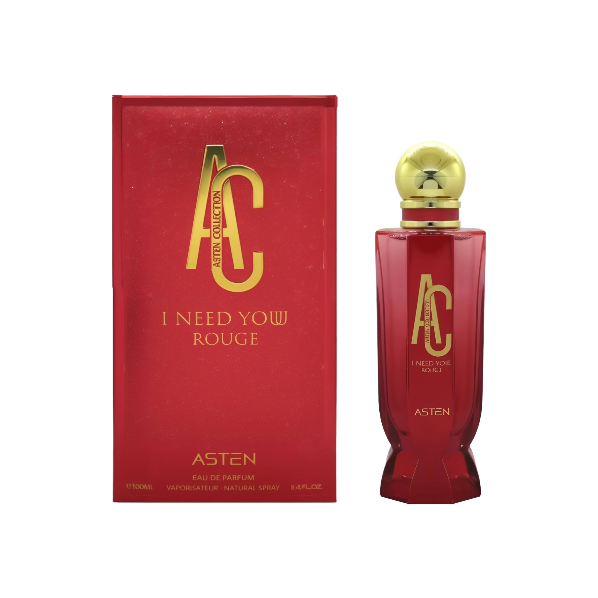 A deep-red rectangular box with gold “AC Asten Collection” and “I Need Yow Rouge” lettering stands beside a tall, matching red glass perfume bottle. The bottle features the same gold AC logo and text, topped by a round gold cap.