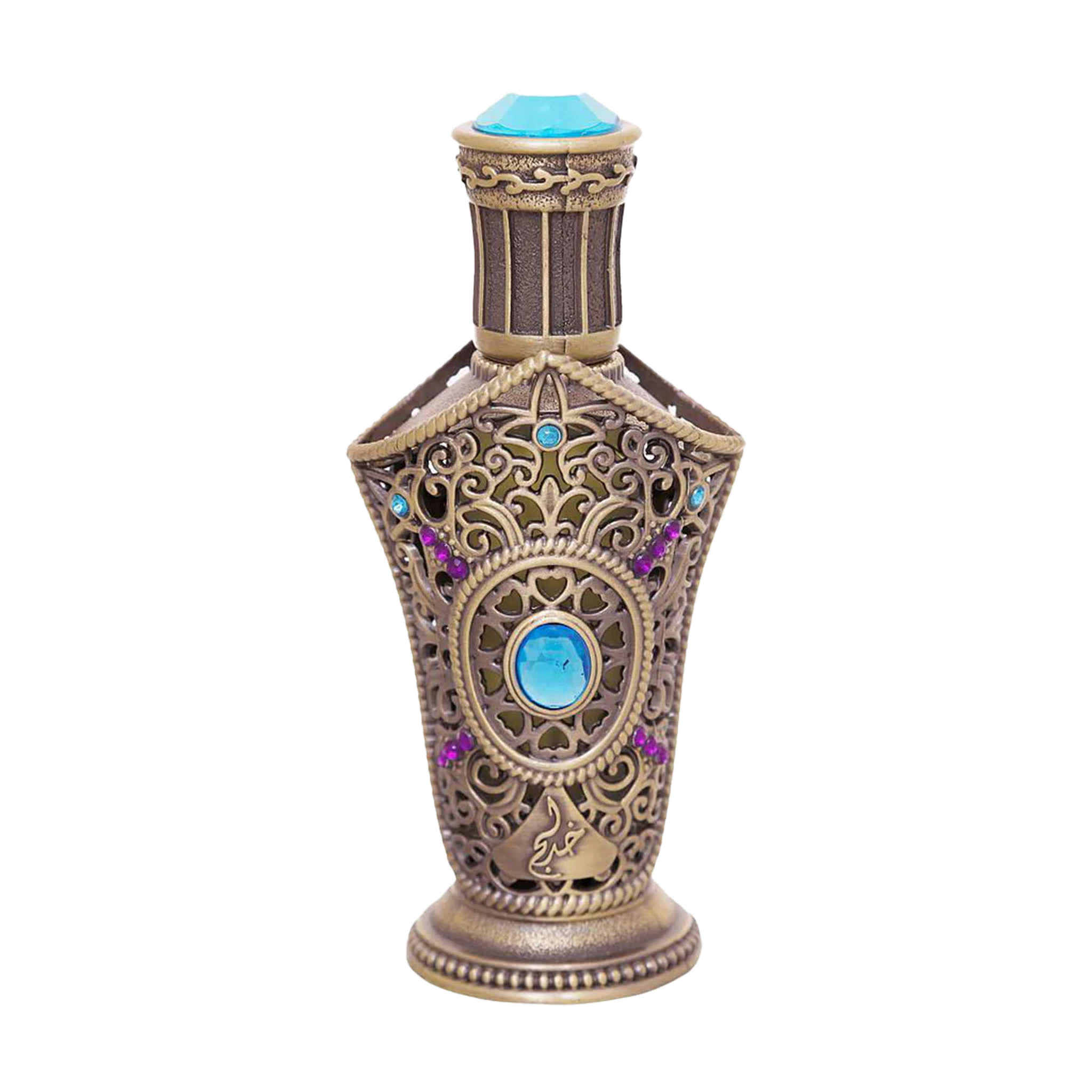 Ibhaar concentrated perfume oil bottle with ornate bronze filigree design and blue gemstone accents.
