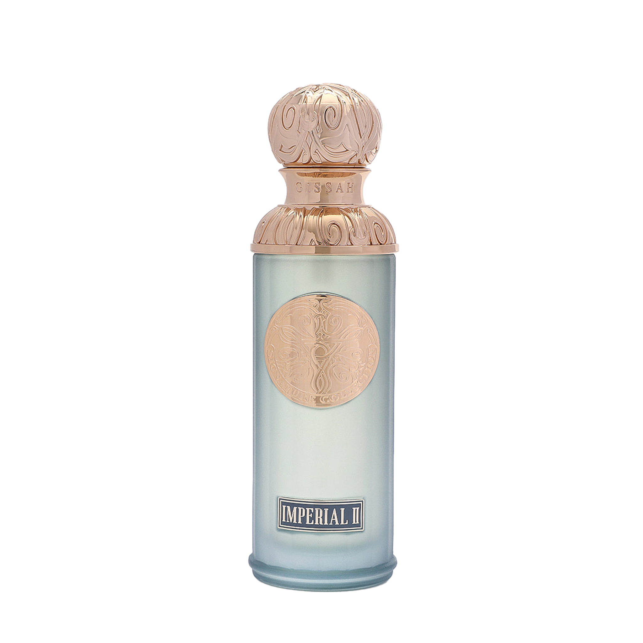 Qissah Imperial II perfume bottle in frosted light blue glass with an ornate gold cap and decorative central emblem.